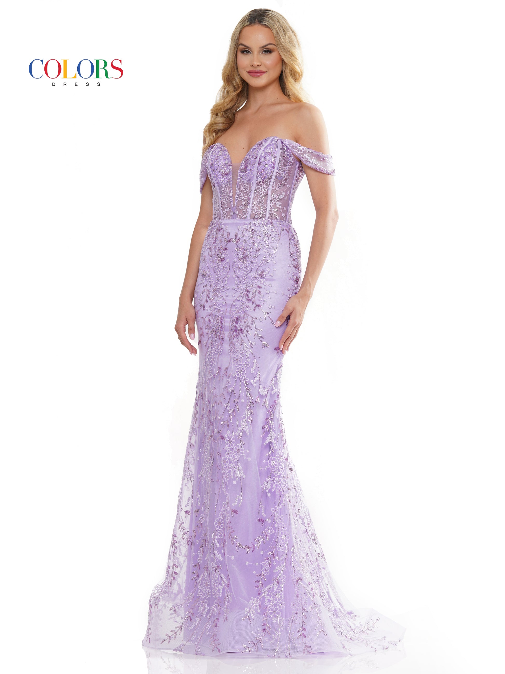 Colors 3287 Long Off Shoulder Glitter Mesh Prom Dress