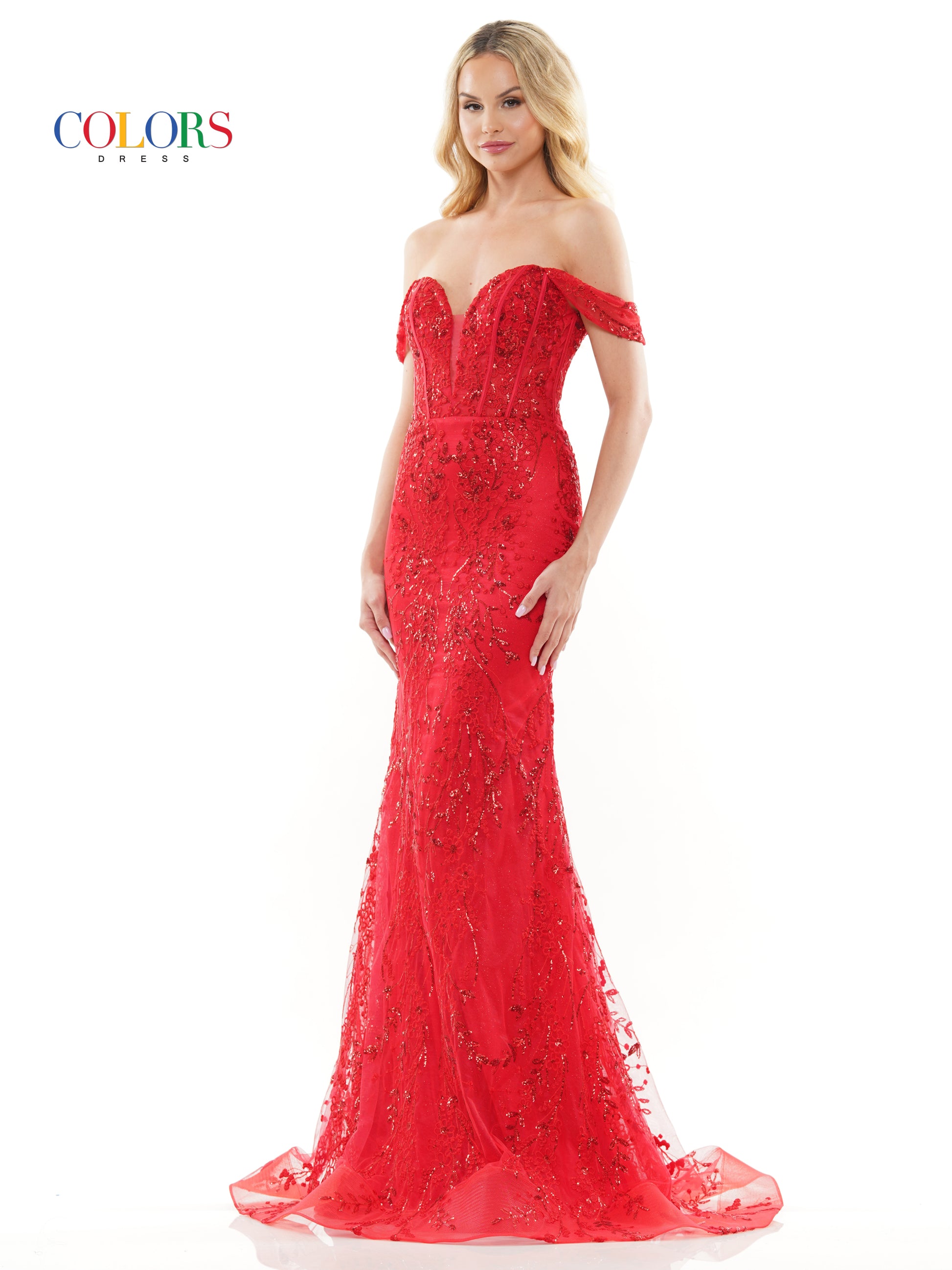 Colors 3287 Long Off Shoulder Glitter Mesh Prom Dress