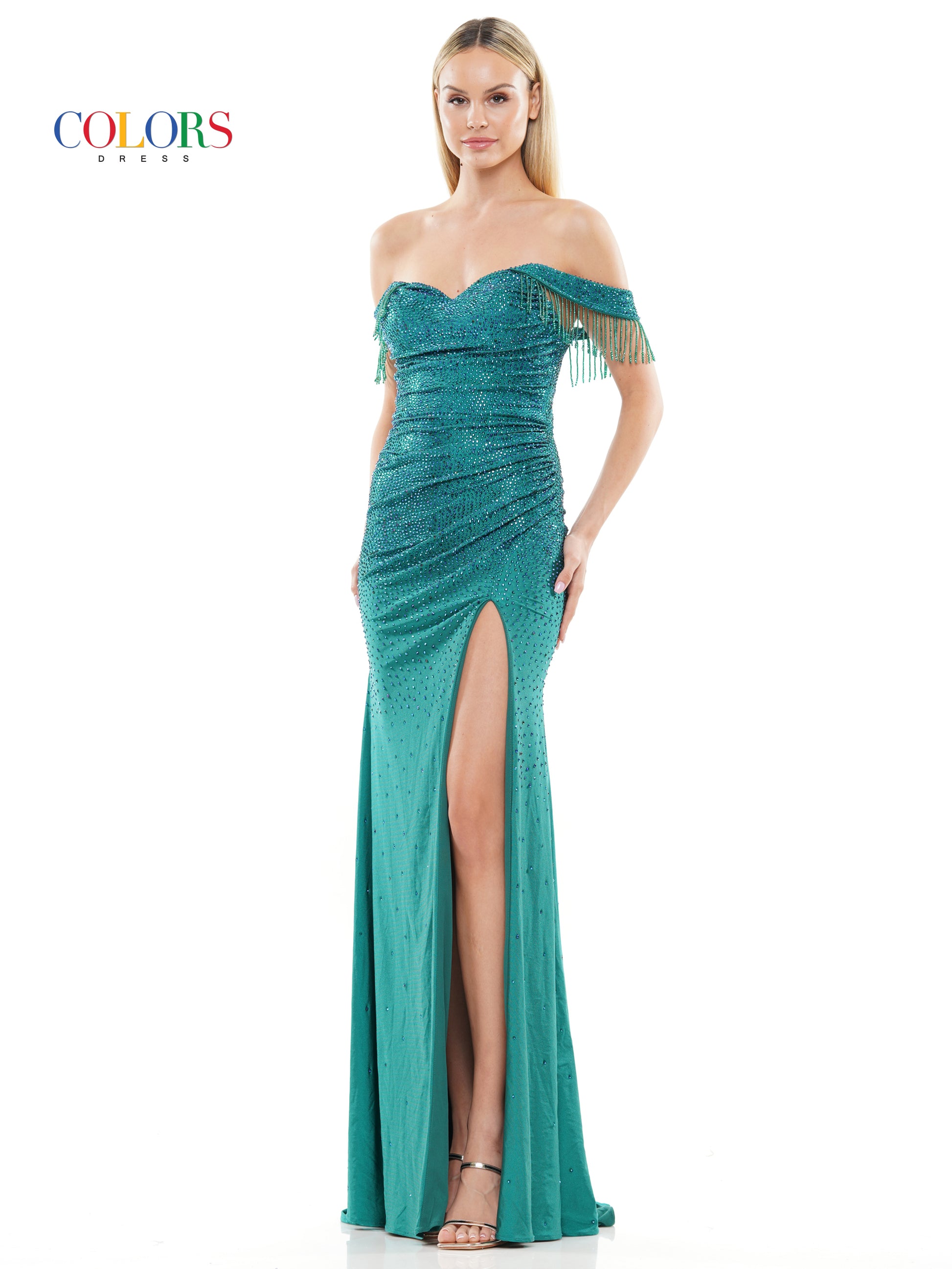 Colors 3288 Long Off Shoulder Satin Prom Dress