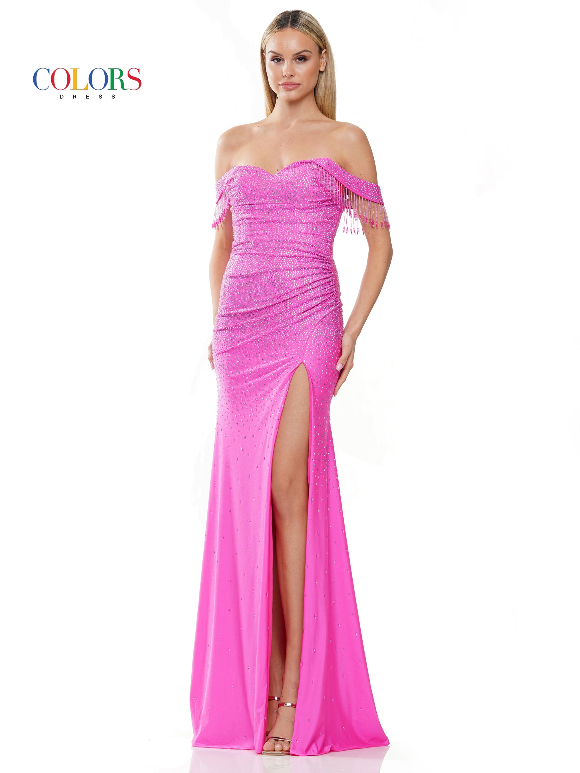 Colors 3288 Long Off Shoulder Satin Prom Dress