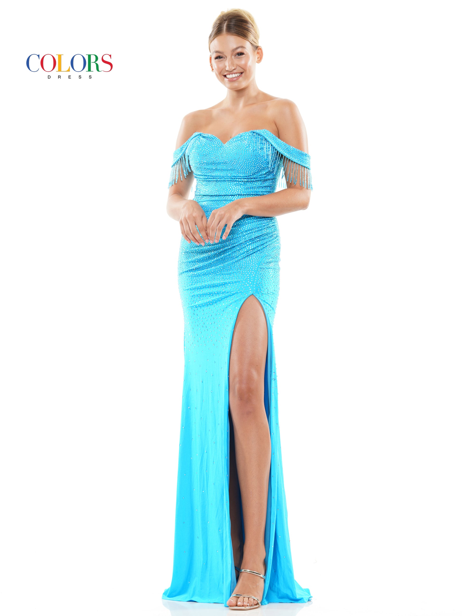 Colors 3288 Long Off Shoulder Satin Prom Dress