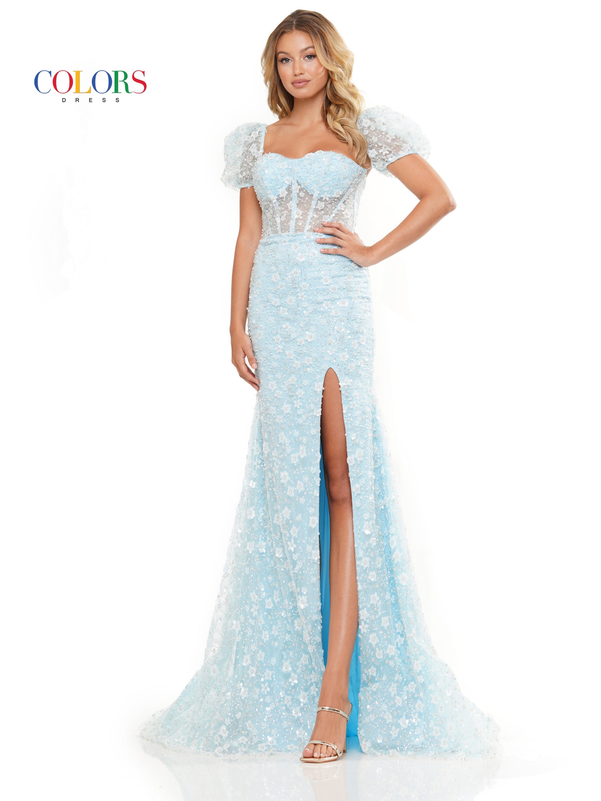 Colors 3290 Long Formal Fitted Sequin Mesh Prom Dress