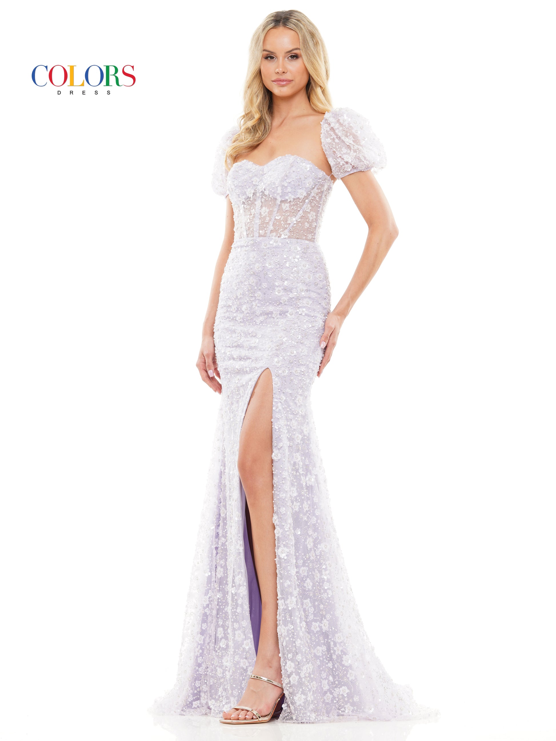 Colors 3290 Long Formal Fitted Sequin Mesh Prom Dress