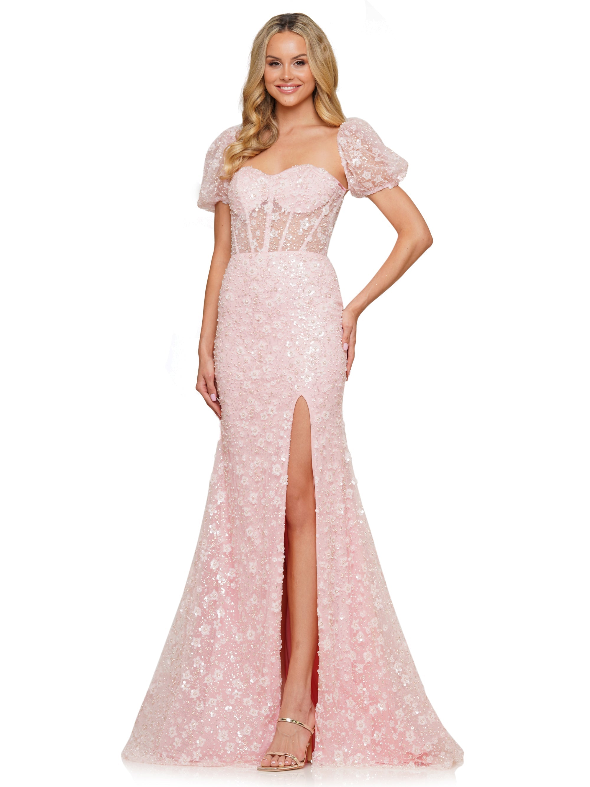 Prom Dresses Long Formal Fitted Sequin Mesh Prom Dress Pink