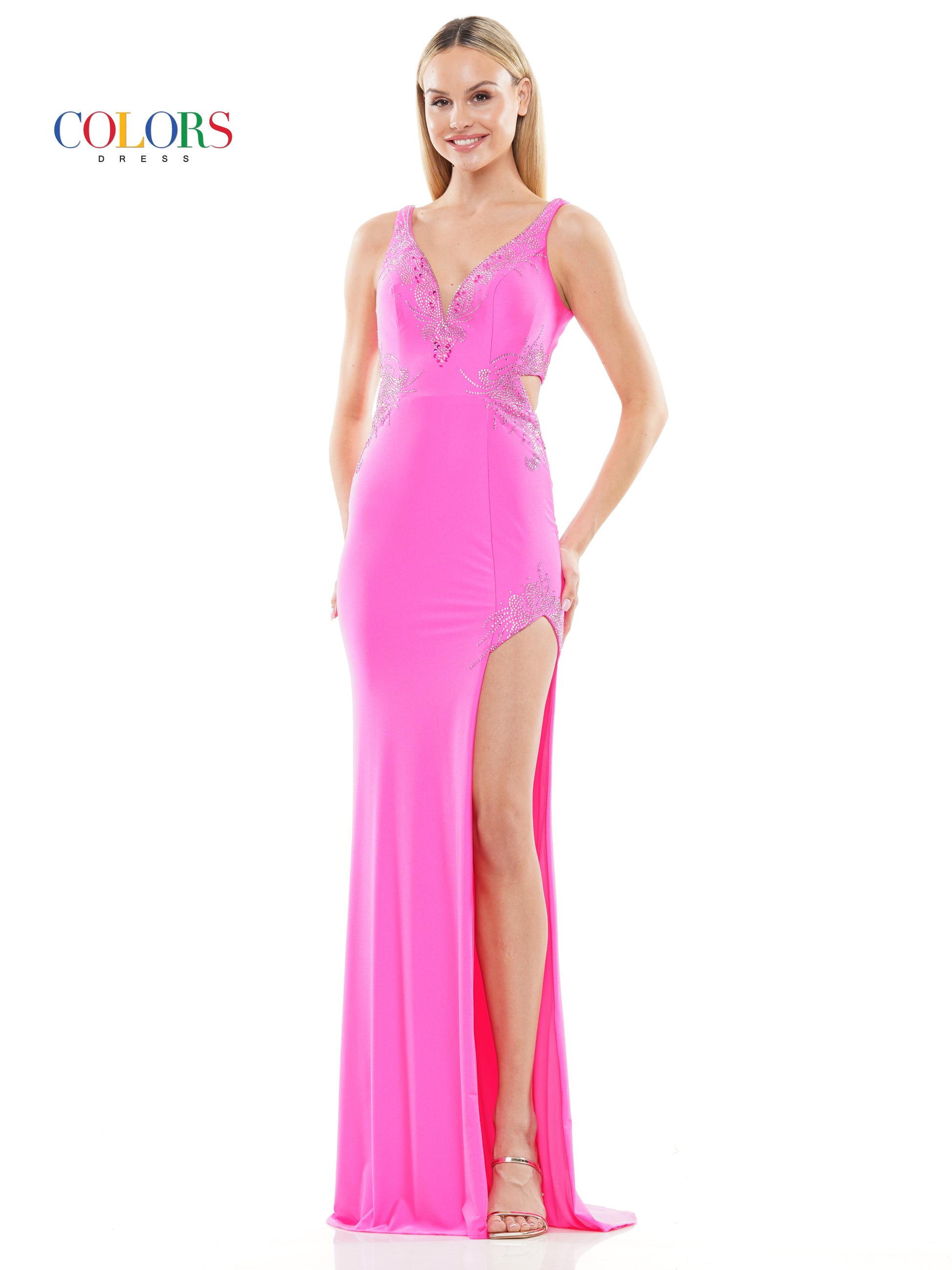 Colors 3292 Long Sleeveless Fitted satin Prom Dress
