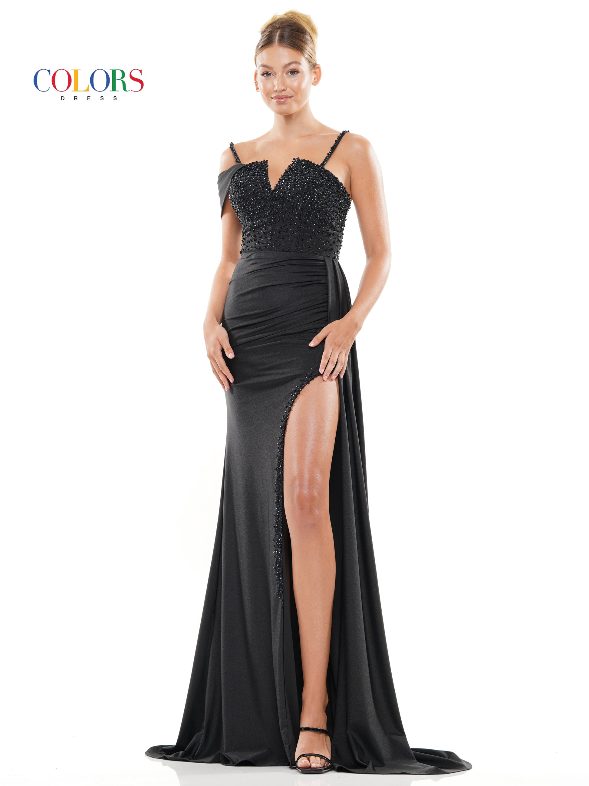 Colors 3297 Long Beaded Slit Drape Skirt Prom Dress