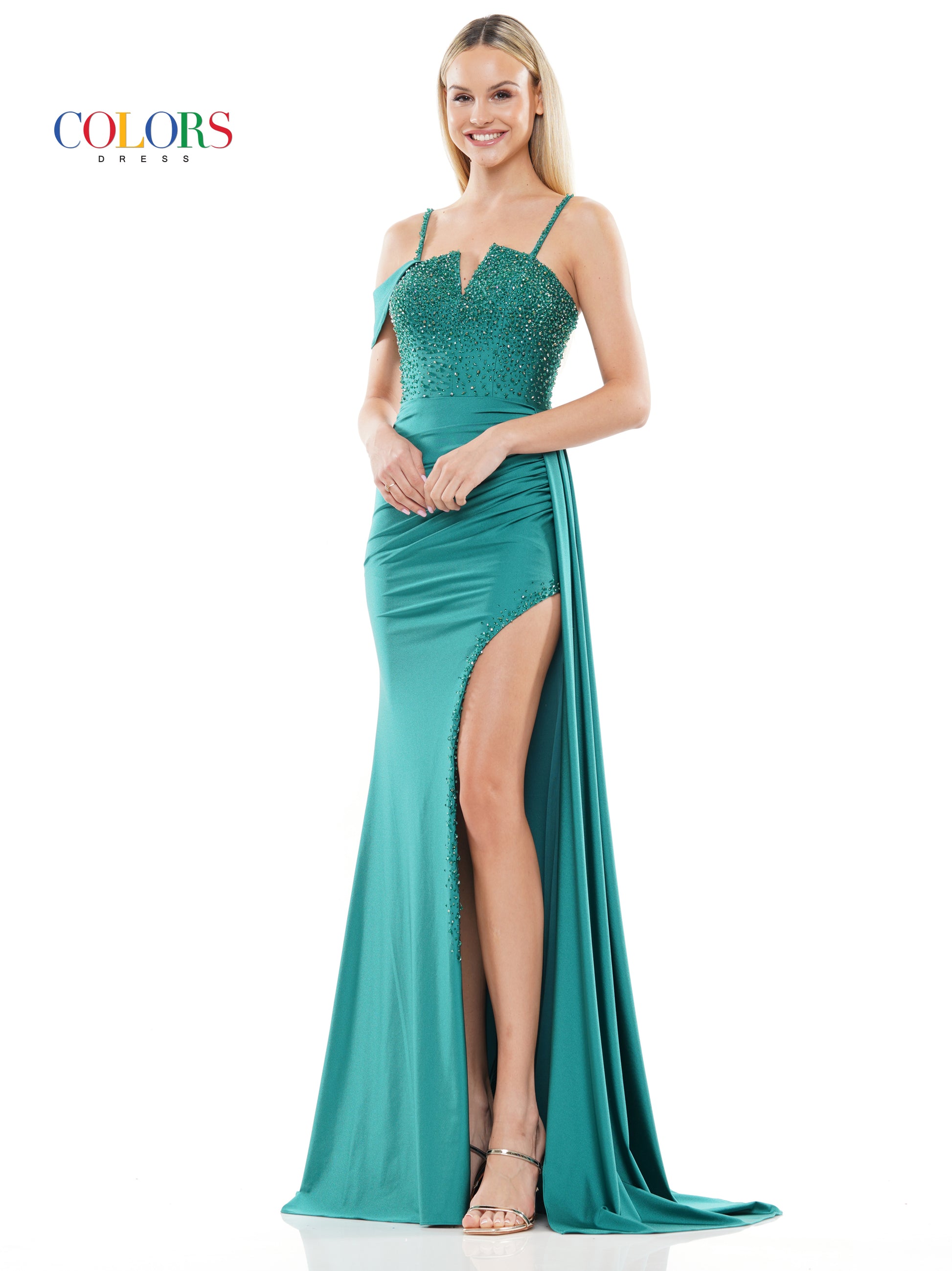 Colors 3297 Long Beaded Slit Drape Skirt Prom Dress