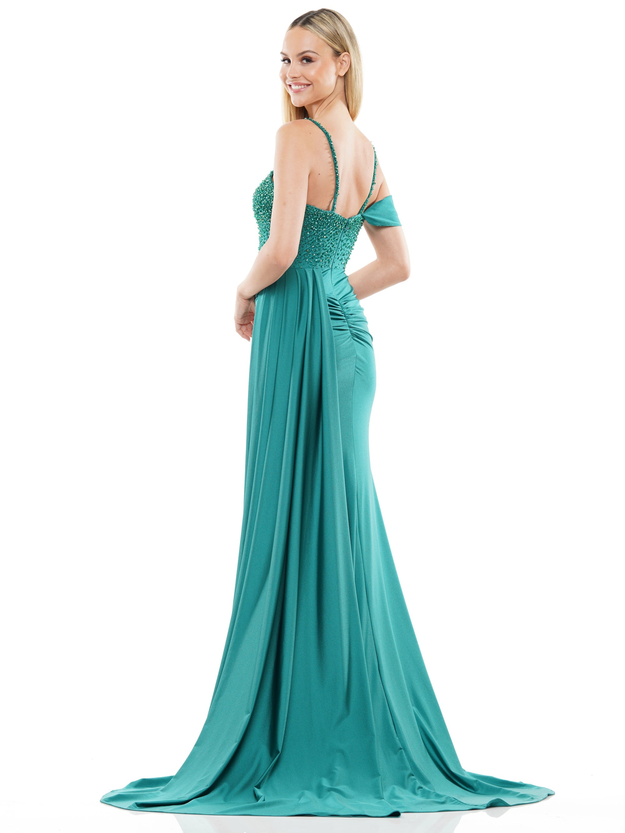 Prom Dresses Long Beaded Slit Drape Skirt Prom Dress  Emerald