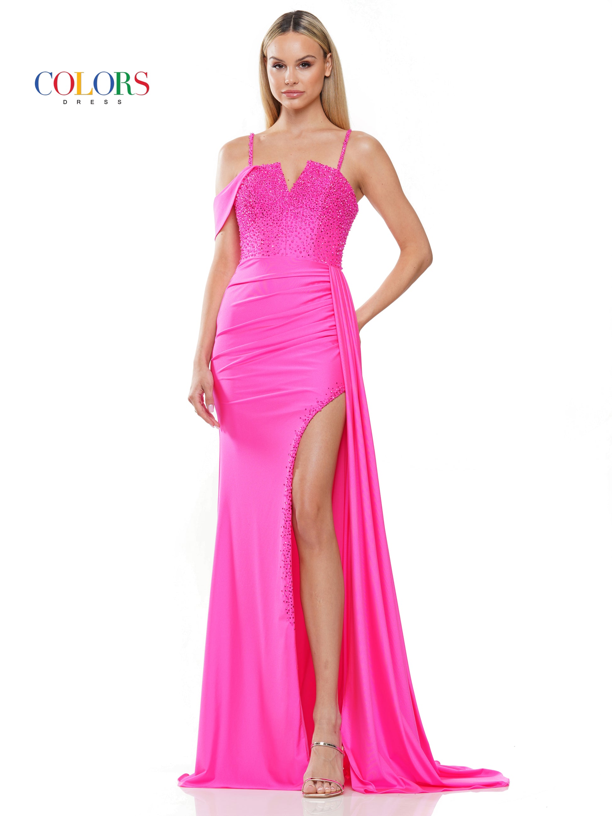 Colors 3297 Long Beaded Slit Drape Skirt Prom Dress