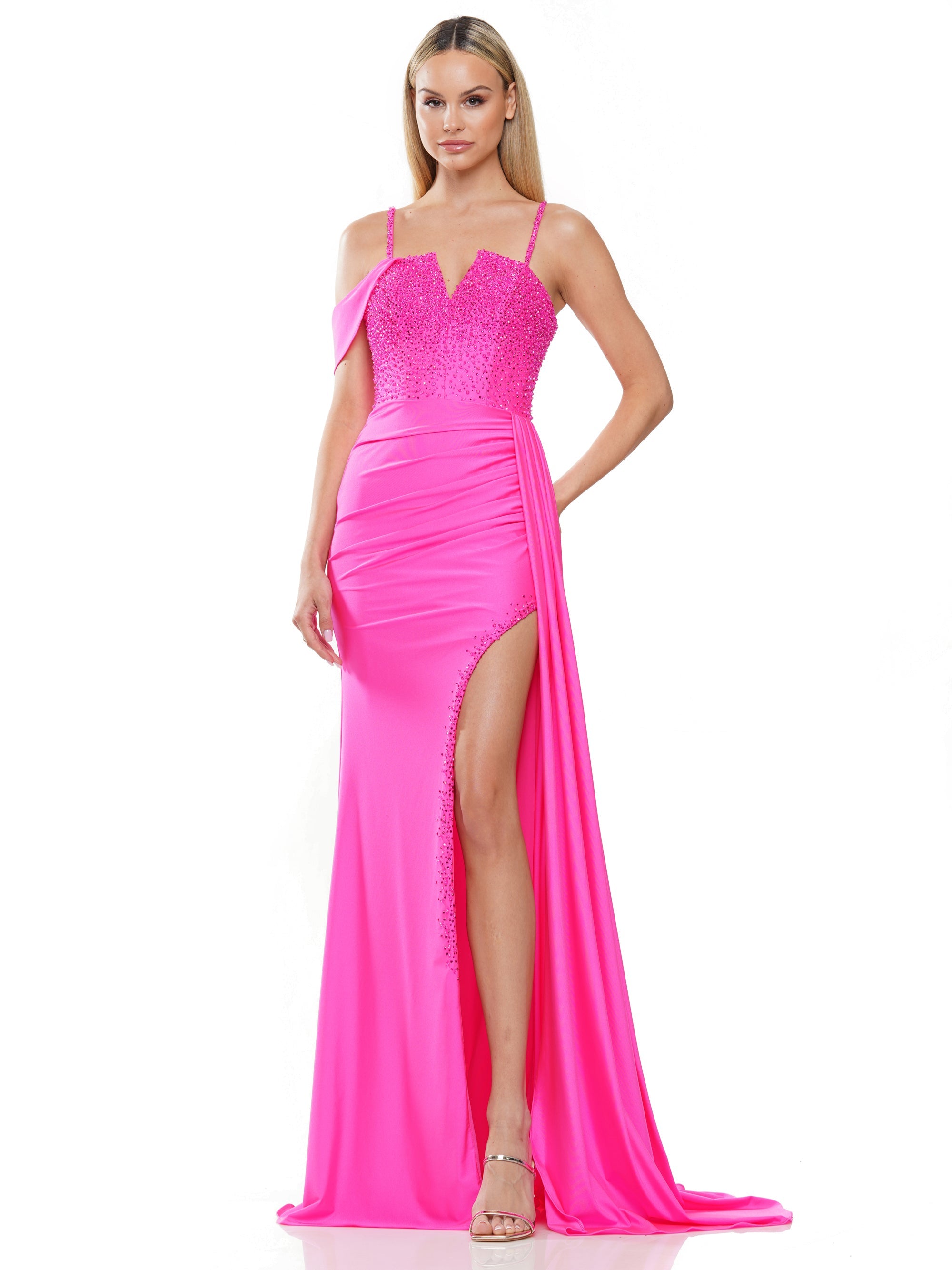 Prom Dresses Long Beaded Slit Drape Skirt Prom Dress  Hot Pink