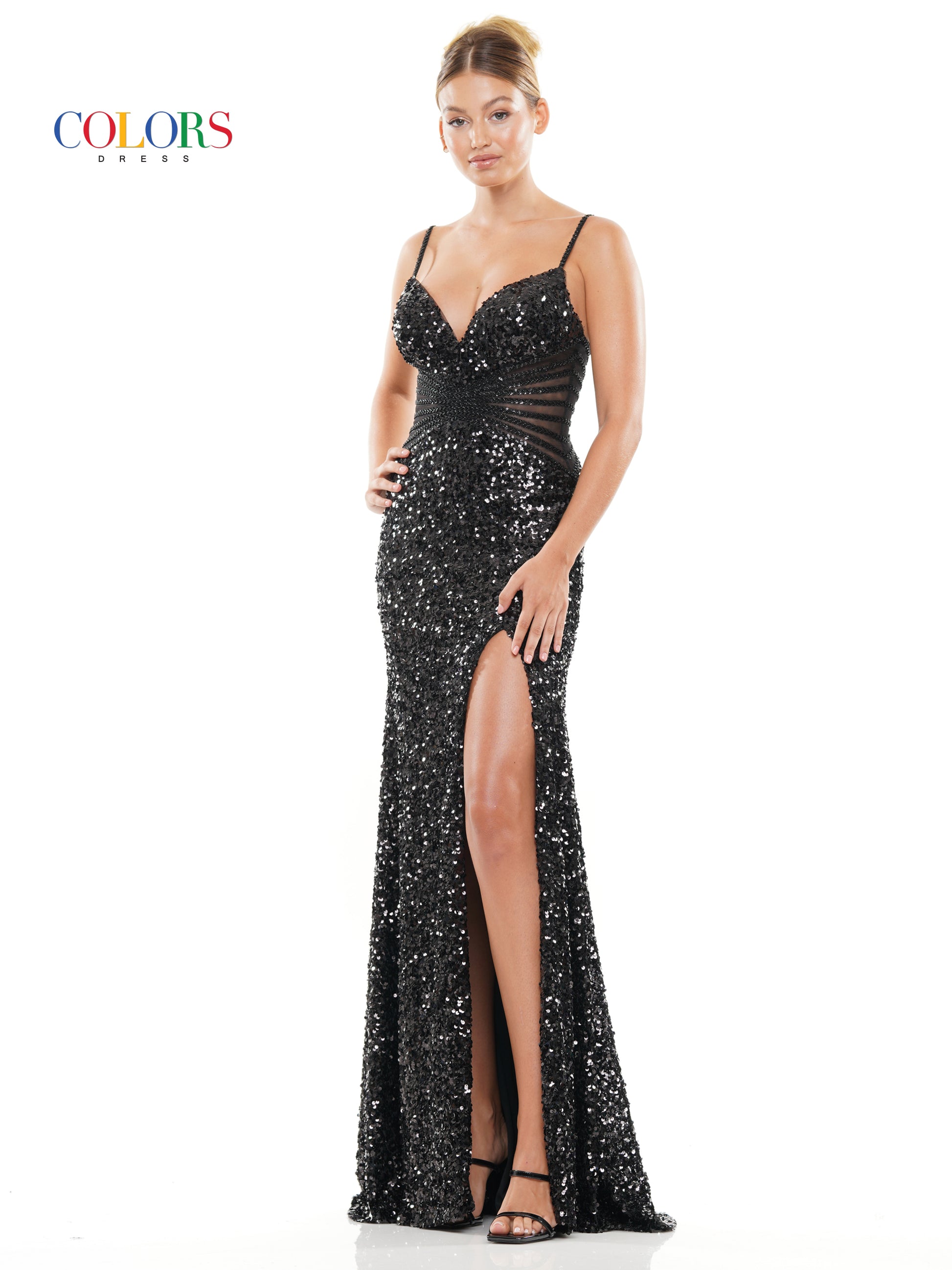 Colors 3300 Long Sequin Front Slit Spaghetti Strap Prom Dress