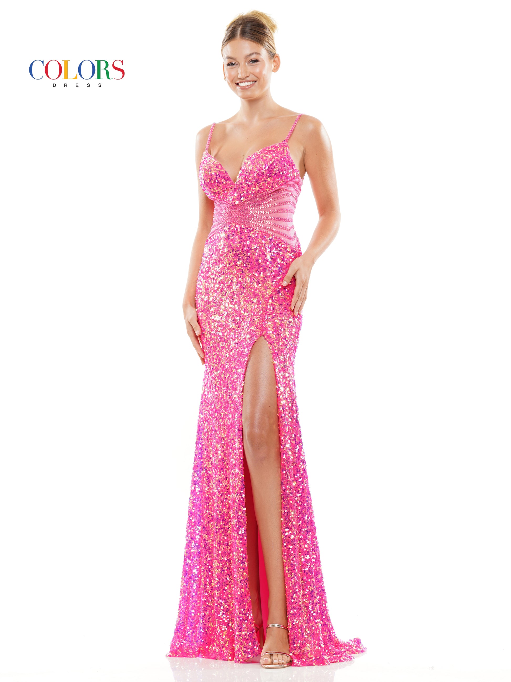 Colors 3300 Long Sequin Front Slit Spaghetti Strap Prom Dress