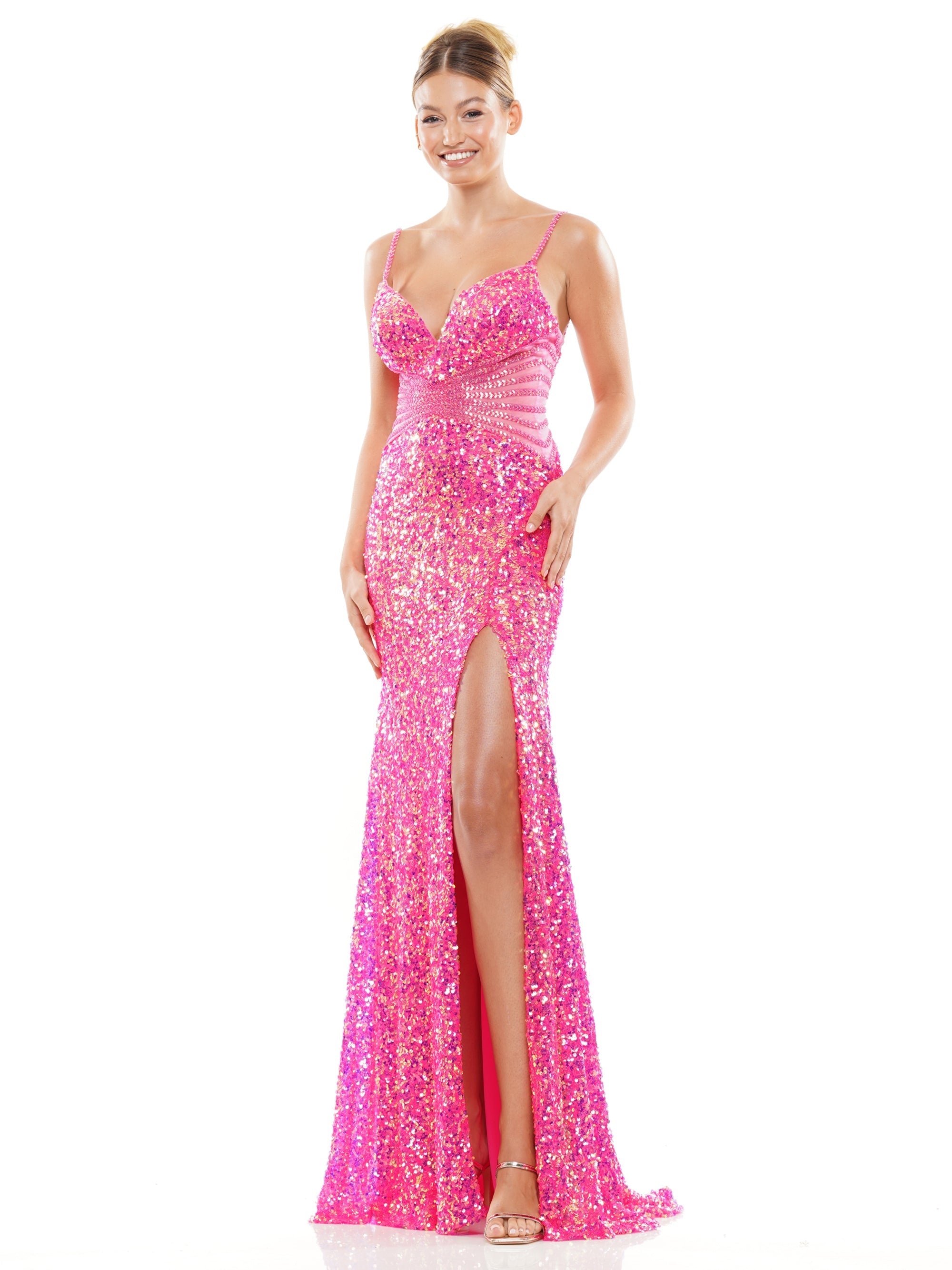 Prom Dresses Long Sequin Front Slit Spaghetti Strap Prom Dress  Hot Pink