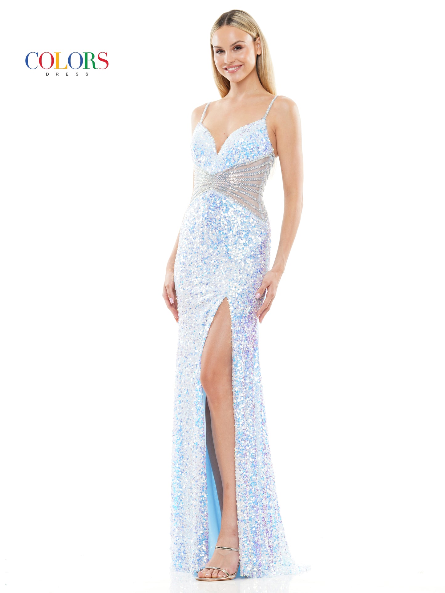 Prom Dresses Long Sequin Front Slit Spaghetti Strap Prom Dress  Light Blue