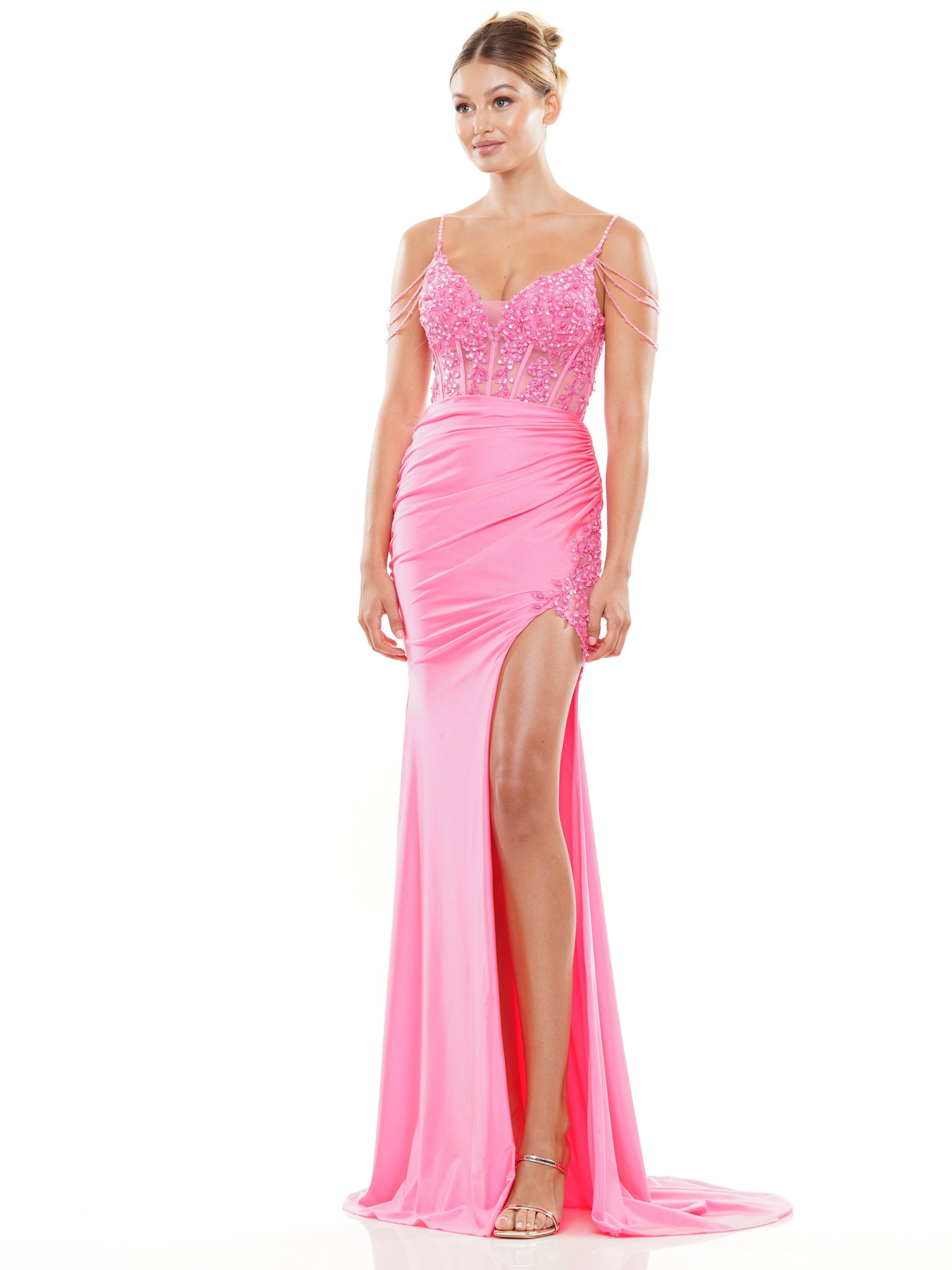 Prom Dresses Long Beaded Corset Bodice Front Slit Prom Dress  Hot Pink