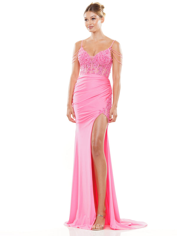Colors 3302 Long Beaded Corset Bodice Front Slit Prom Dress