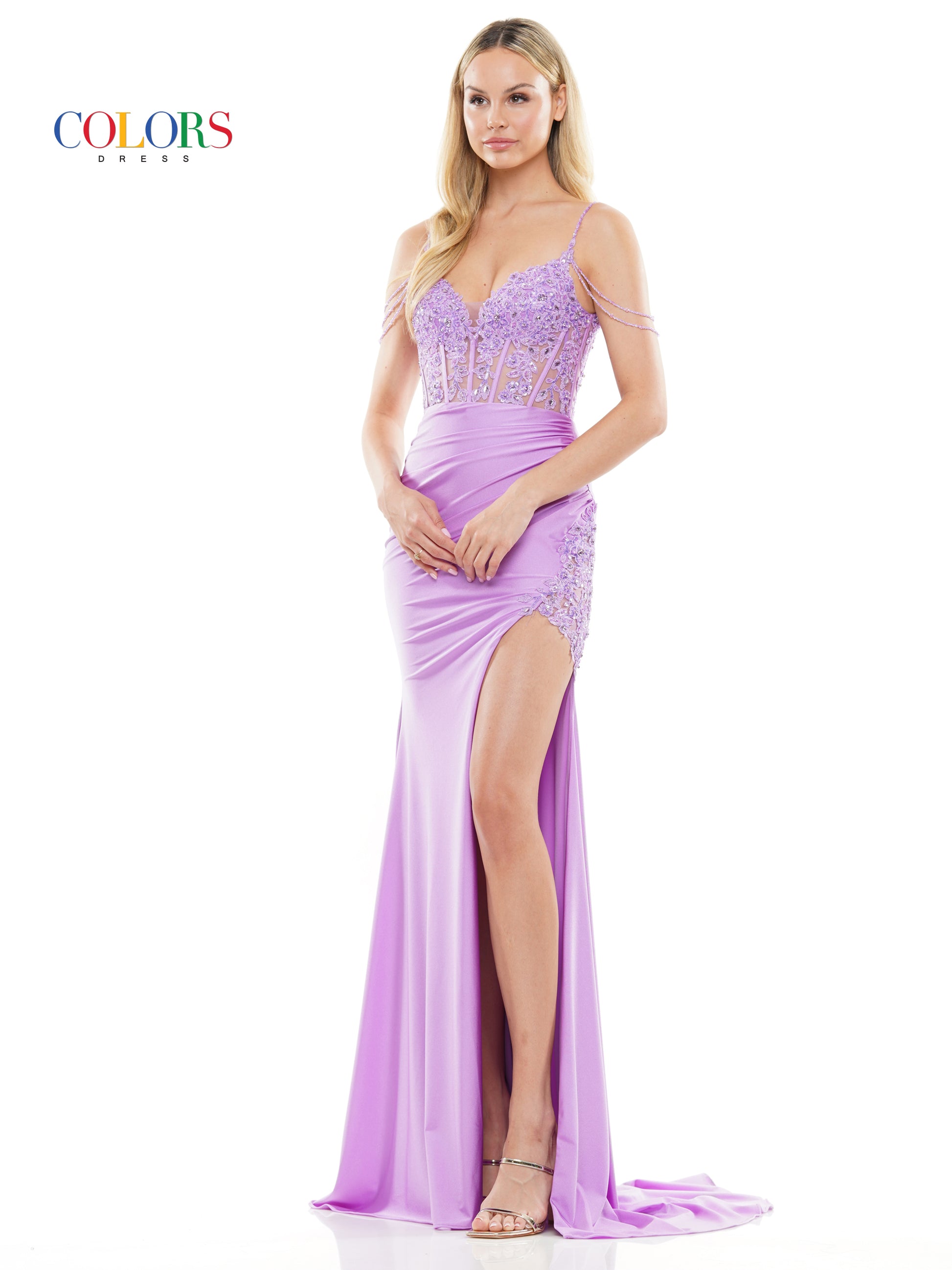 Colors 3302 Long Beaded Corset Bodice Front Slit Prom Dress