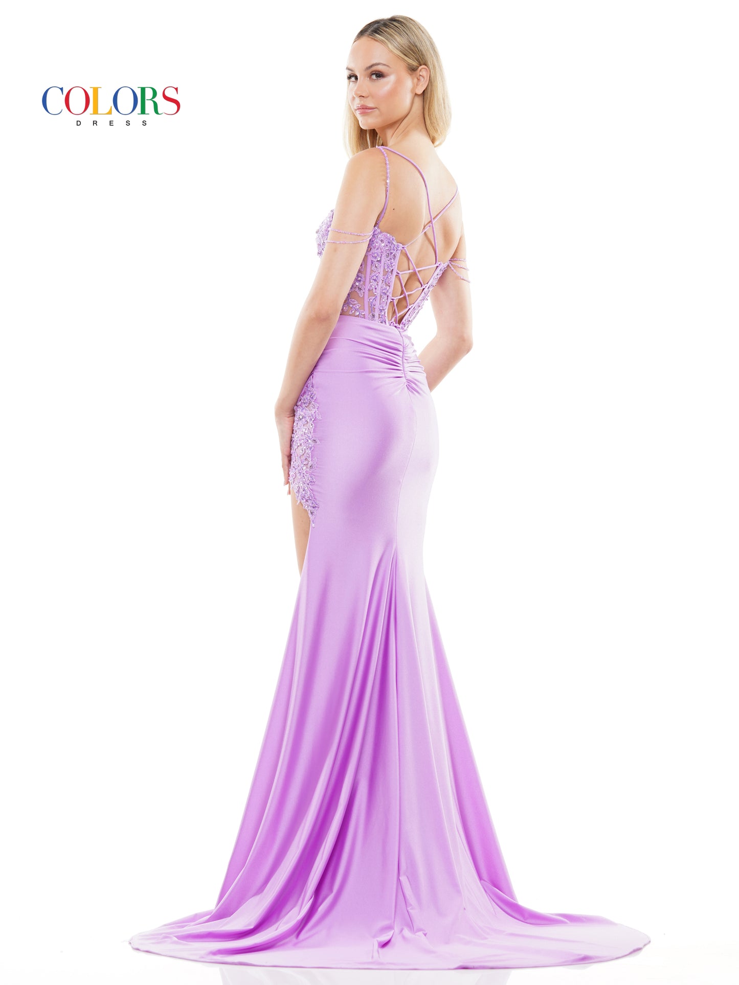 Prom Dresses Long Beaded Corset Bodice Front Slit Prom Dress  Lilac