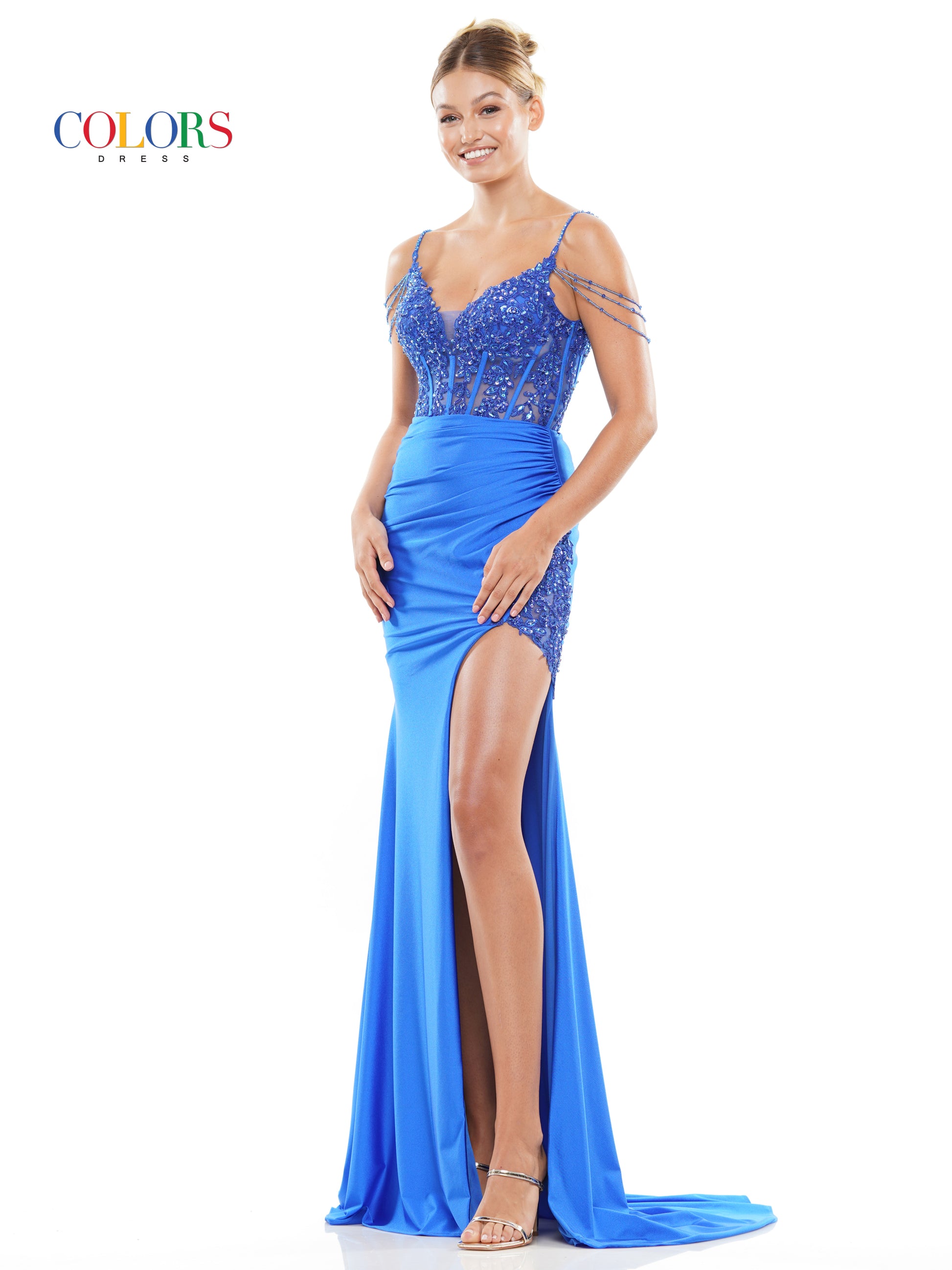 Colors 3302 Long Beaded Corset Bodice Front Slit Prom Dress