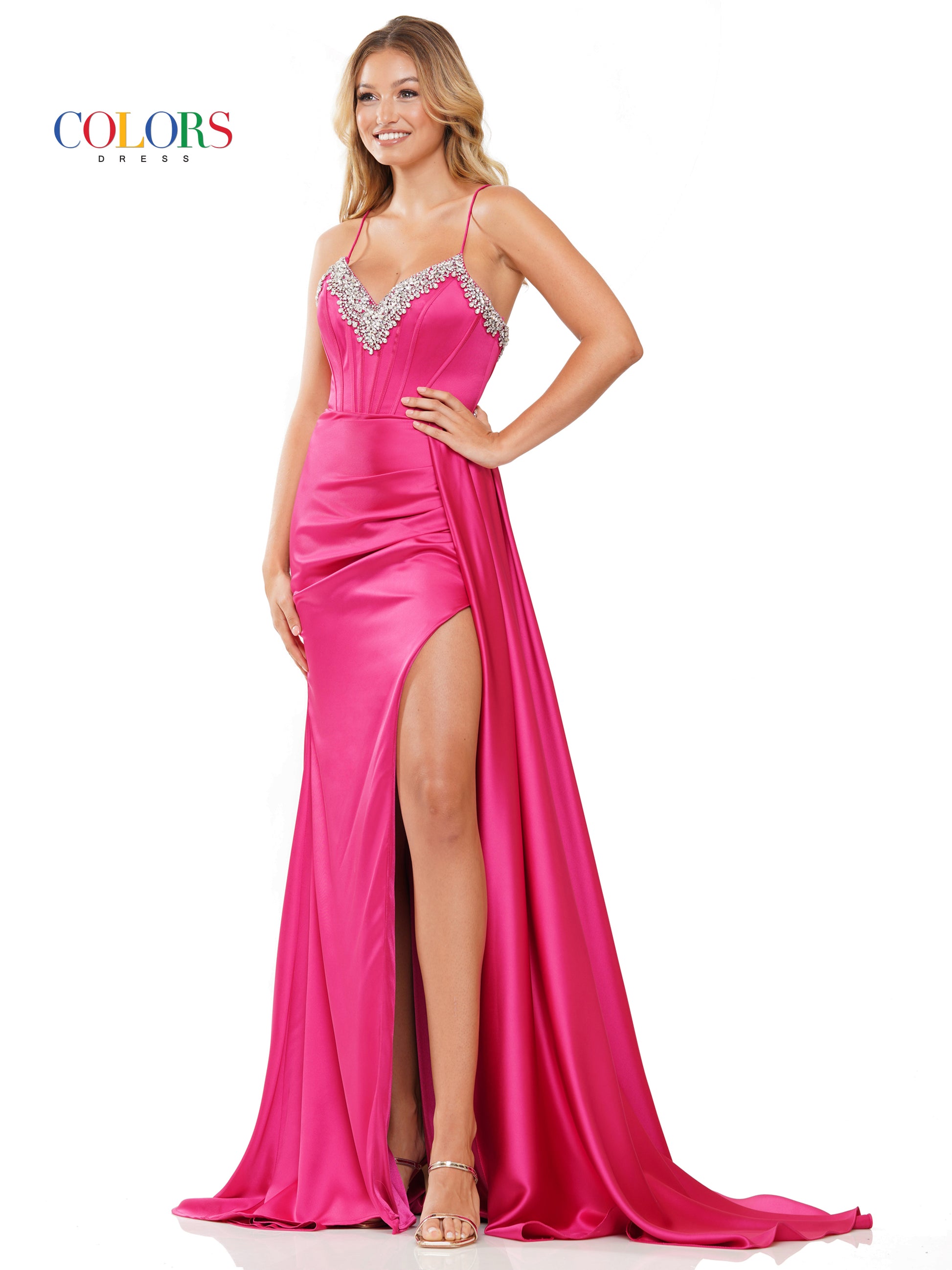 Colors 3305 Long Beaded Corset Bodice Front Slit Satin Prom Dress