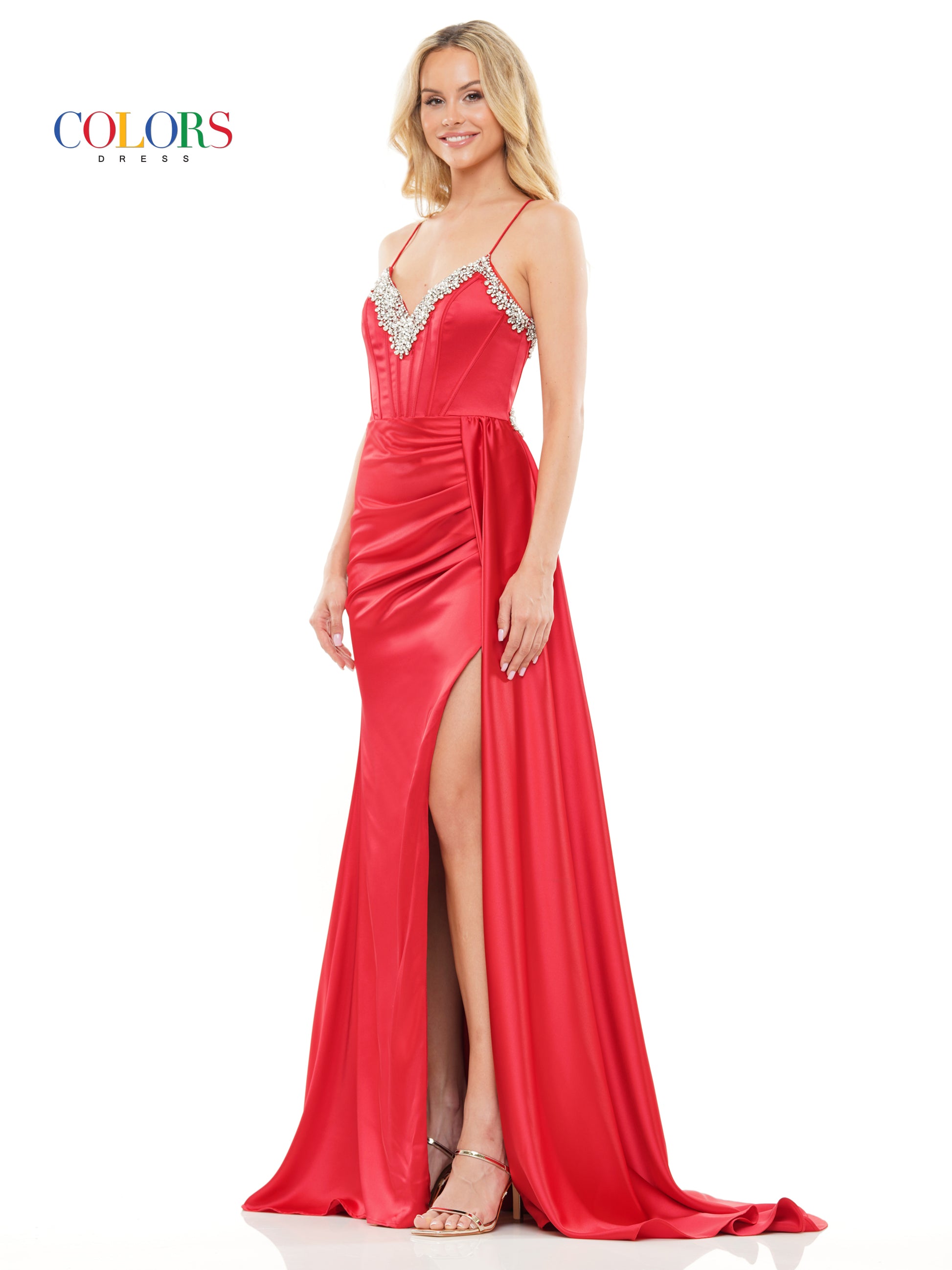 Colors 3305 Long Beaded Corset Bodice Front Slit Satin Prom Dress