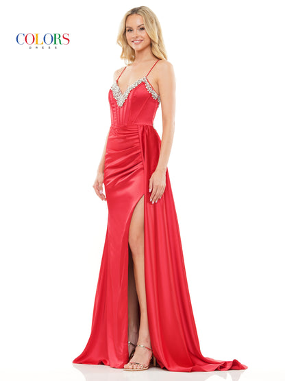 Prom Dresses Long Beaded Corset Bodice Front Slit Satin Prom Dress  Red