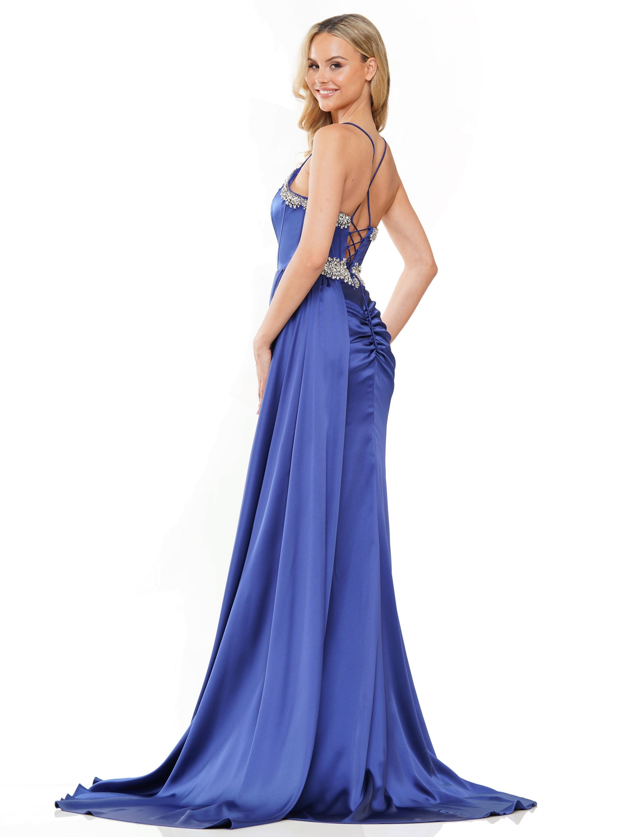 Prom Dresses Long Beaded Corset Bodice Front Slit Satin Prom Dress  Royal
