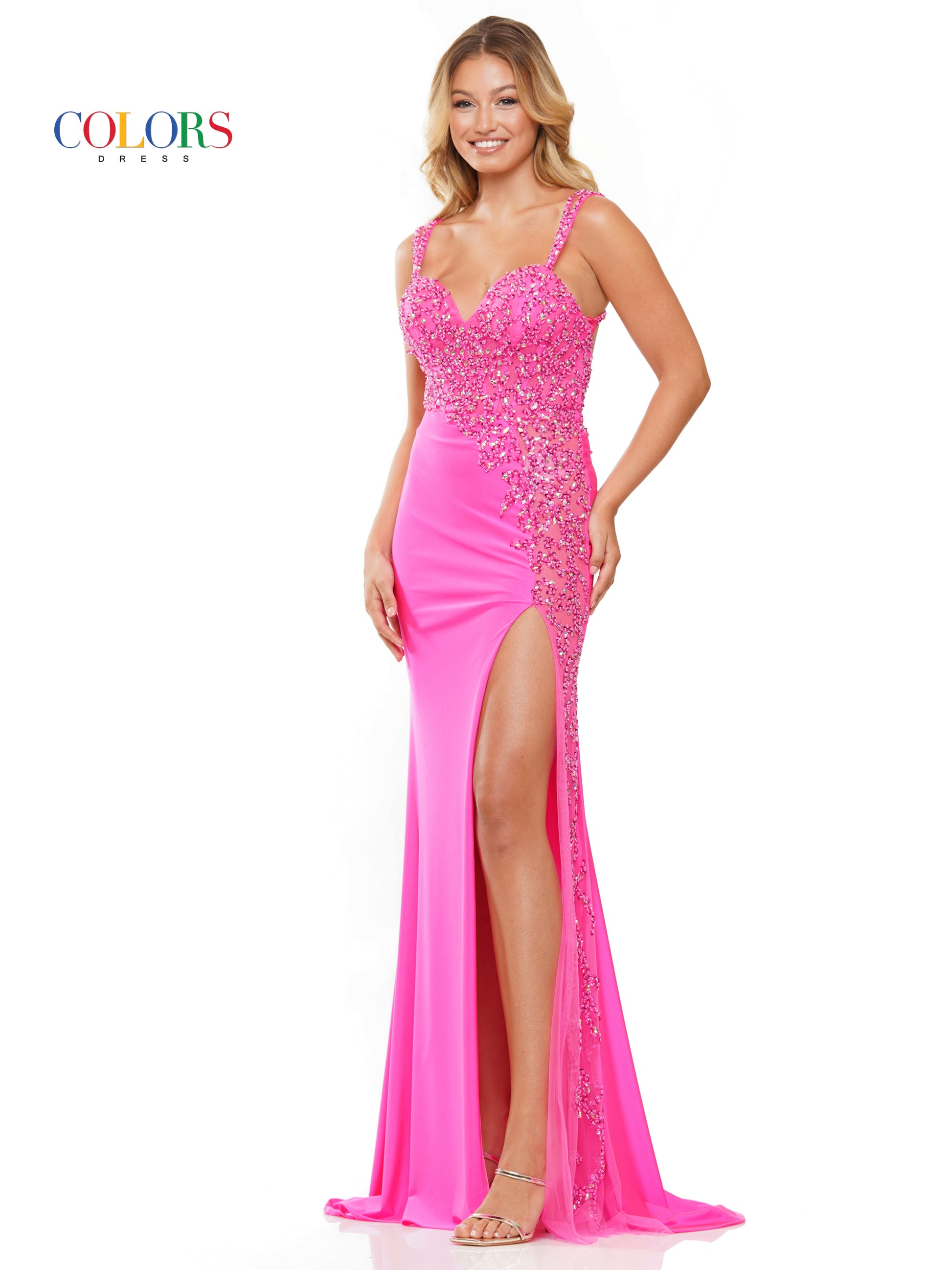 Colors 3306 Long Beaded Mesh Front Slit Cross Back Satin Prom Dress