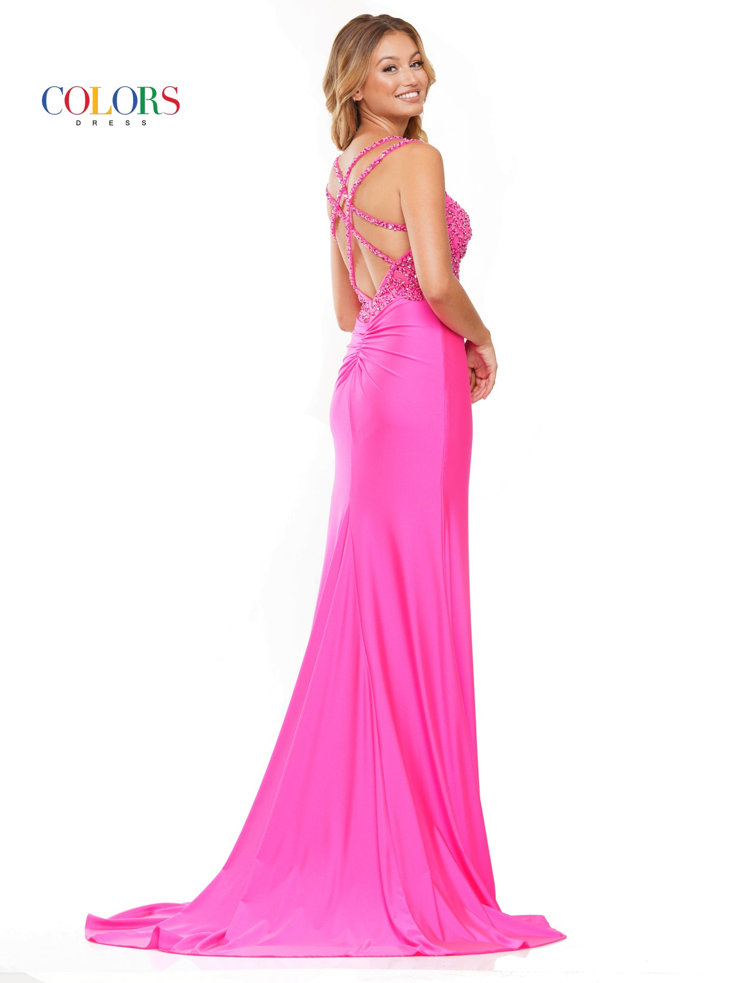 Prom Dresses Long Beaded Mesh Front Slit Cross Back Satin Prom Dress  Hot Pink