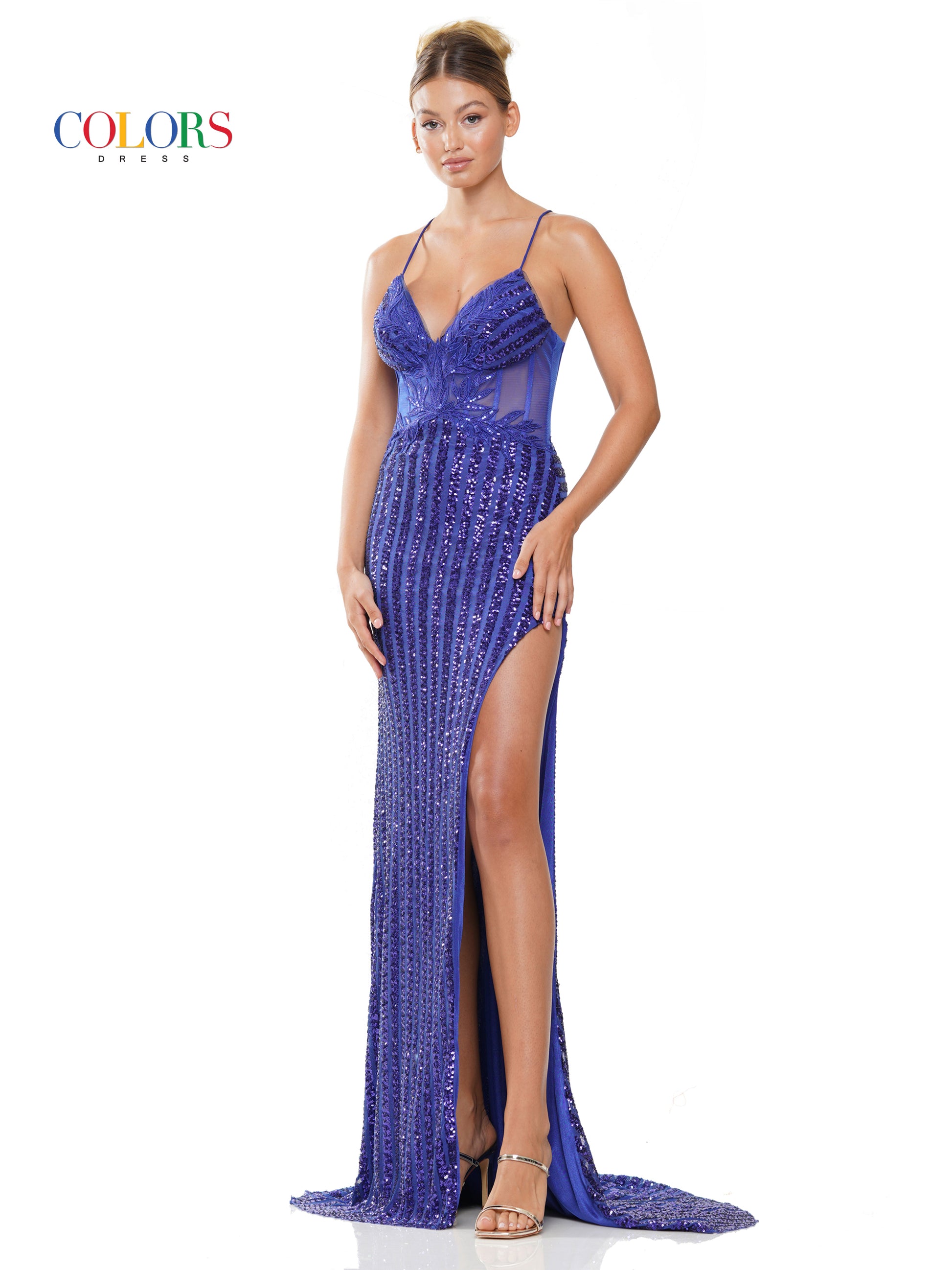 Colors 3309 Long Sequin Corset Bodice Cross Back Prom Dress