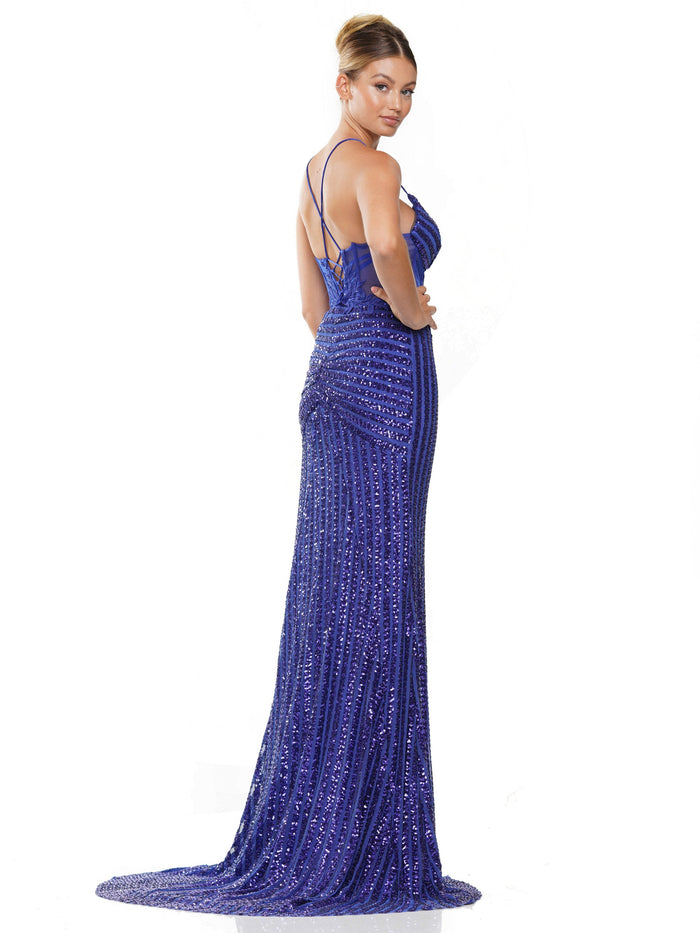 Prom Dresses Long Sequin Corset Bodice Cross Back Prom Dress  Royal