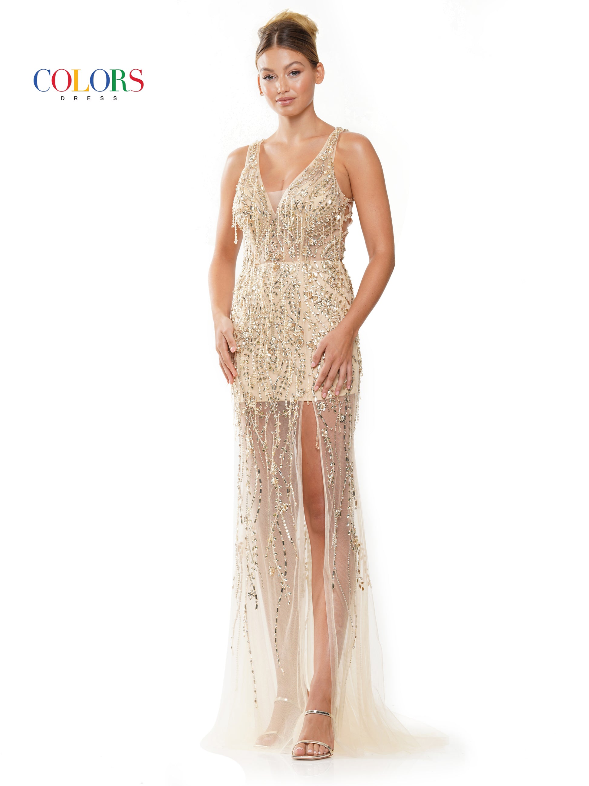 Colors 3311 Long Beaded Mesh Cross Back Sleeveless Prom Dress