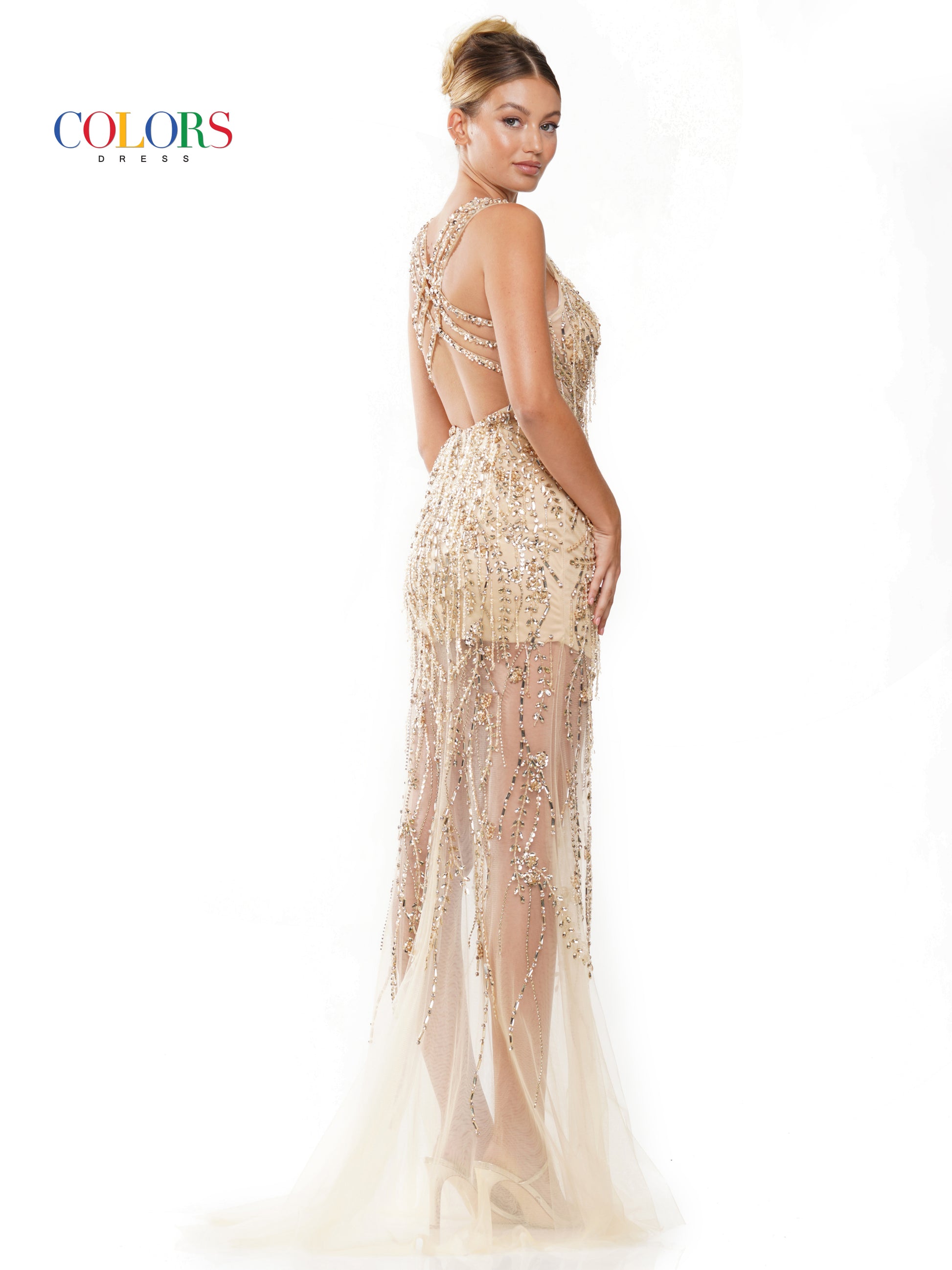 Colors 3311 Long Beaded Mesh Cross Back Sleeveless Prom Dress