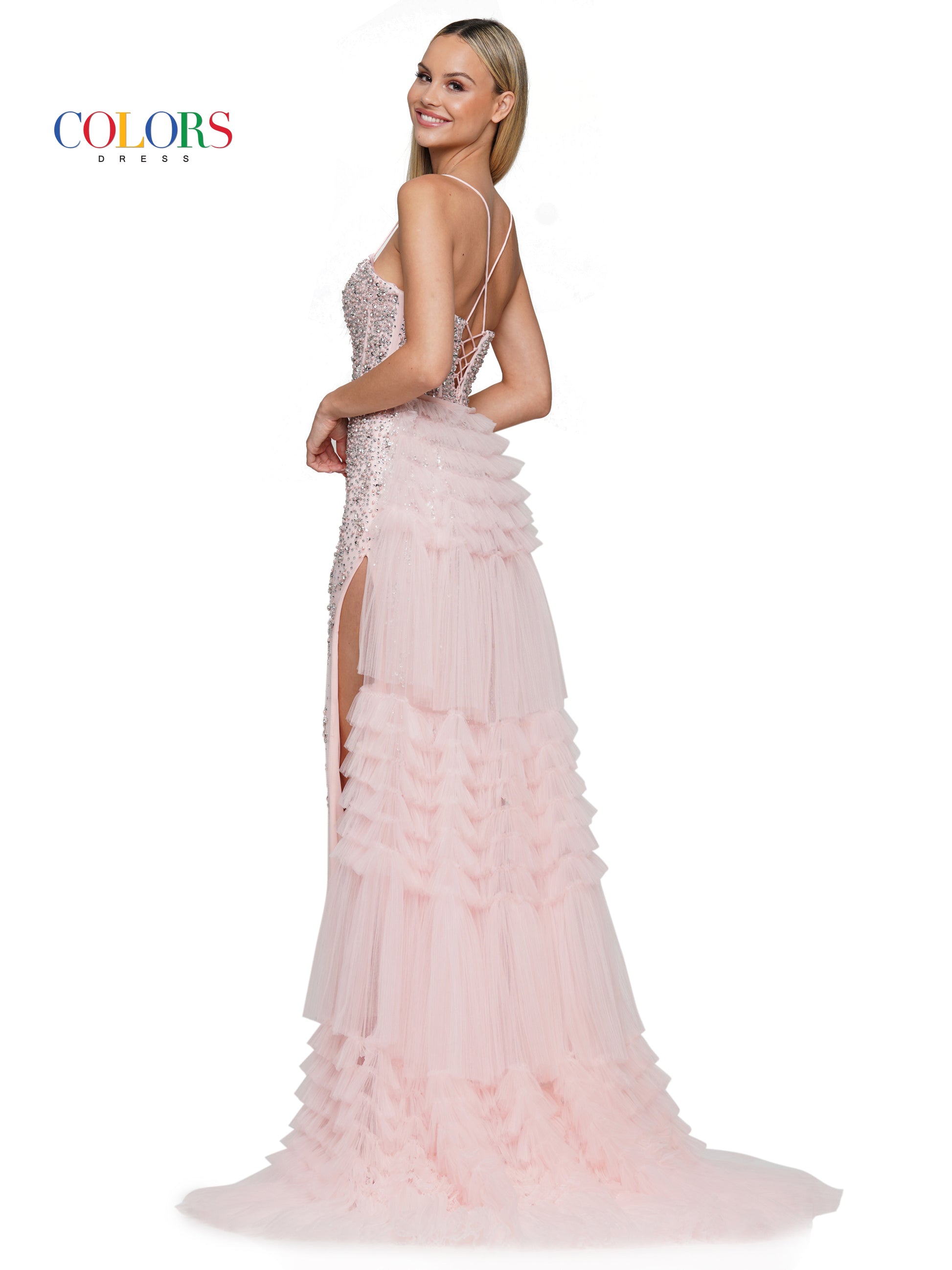 Colors 3312 Long Beaded Mesh Corset Bodice Layered Prom Dress