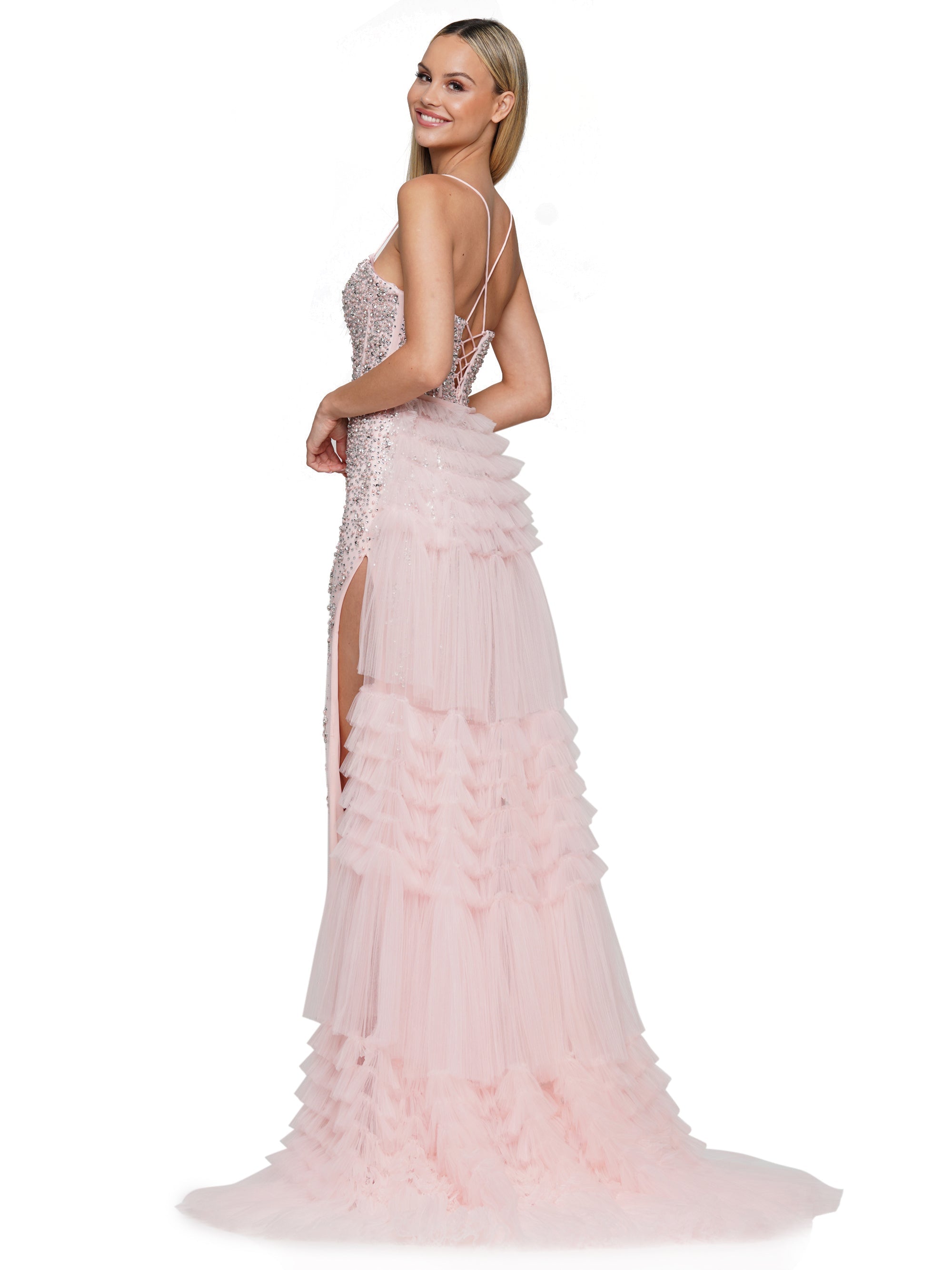 Prom Dresses Long Beaded Mesh Corset Bodice Layered Prom Dress  Blush