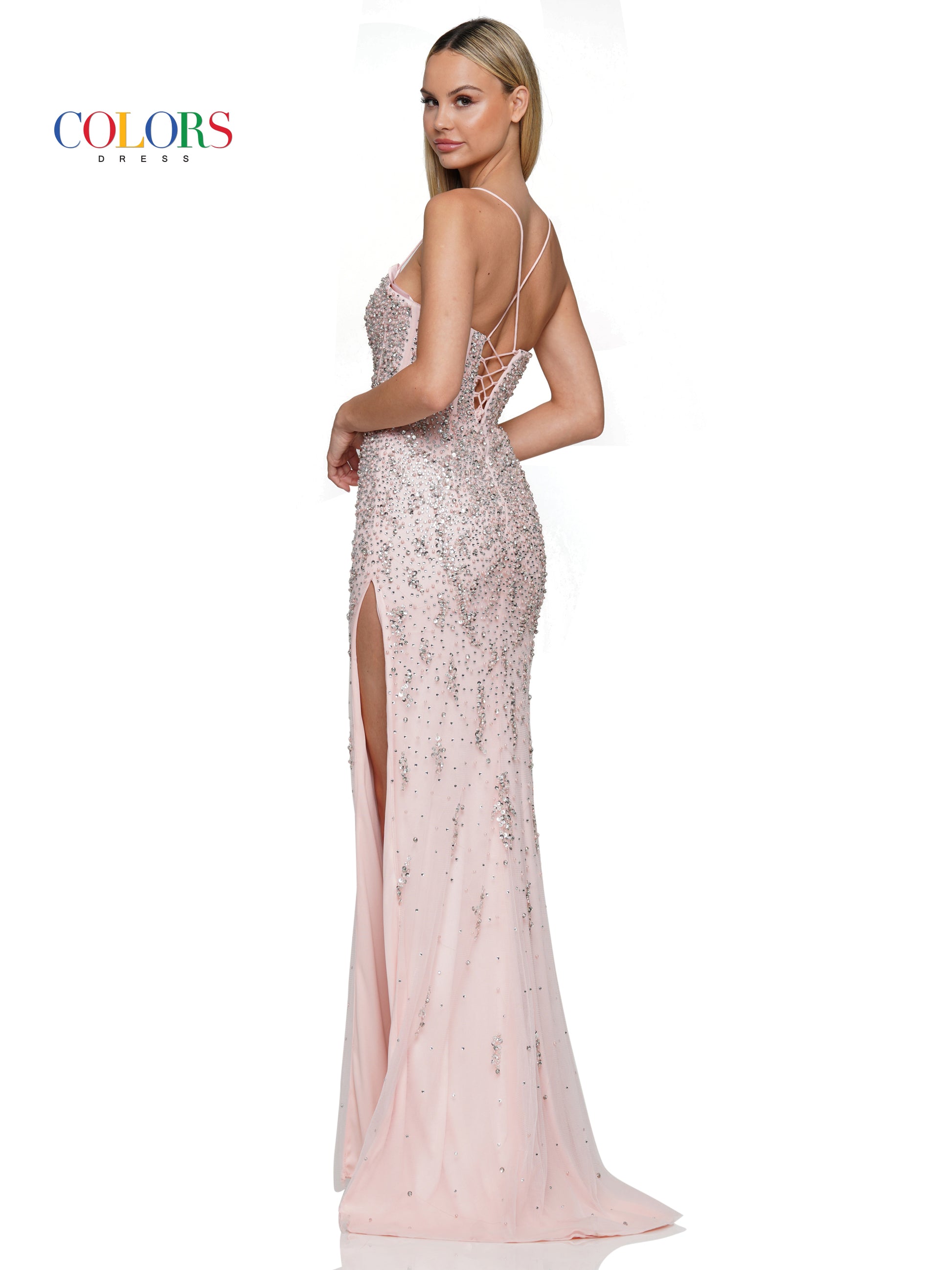 Colors 3312 Long Beaded Mesh Corset Bodice Layered Prom Dress