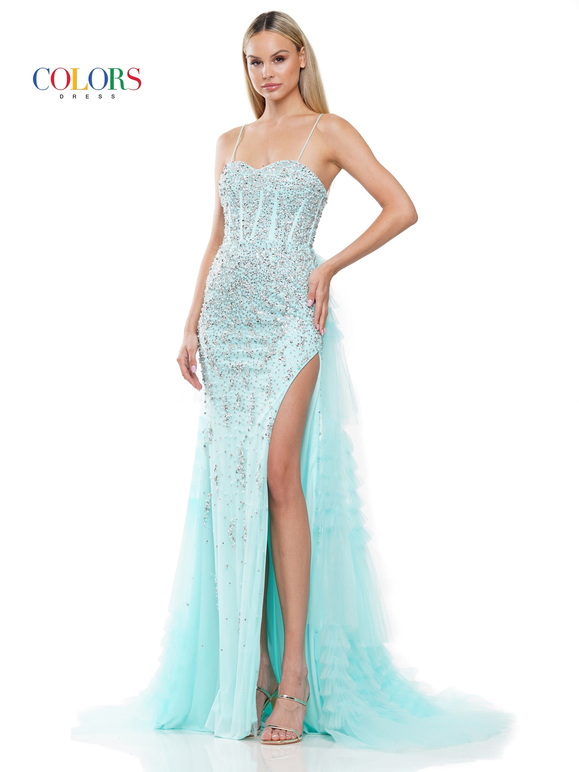 Colors 3312 Long Beaded Mesh Corset Bodice Layered Prom Dress