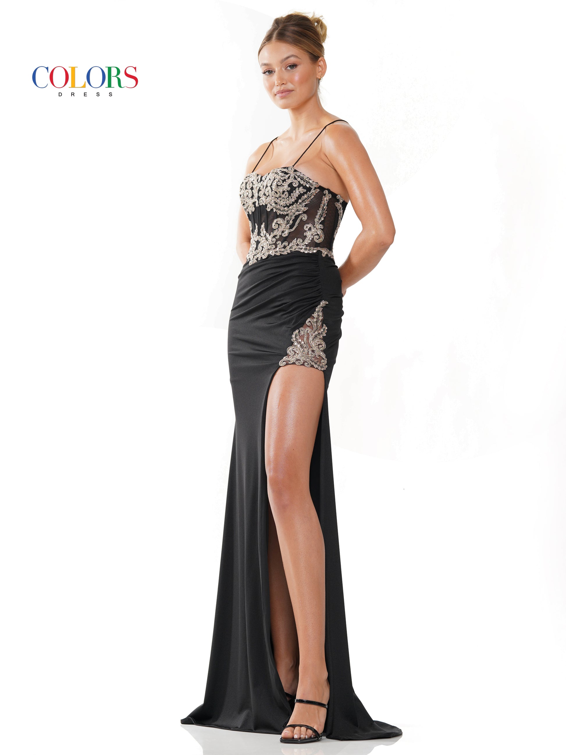 Colors 3316 Long Lace Corset Bodice Slit Satin Prom Dress