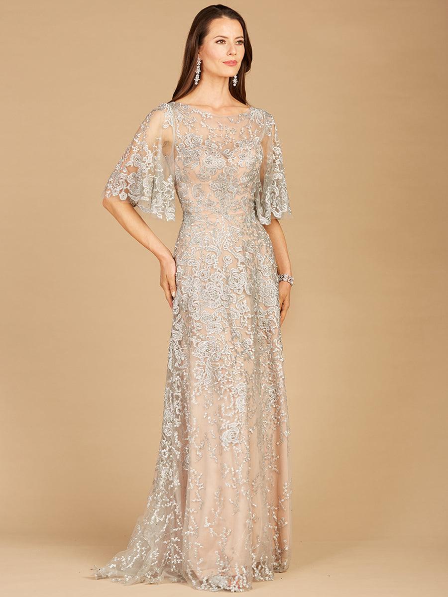 Formal Dresses Long Cap Sleeve Formal Dress Nude Silver