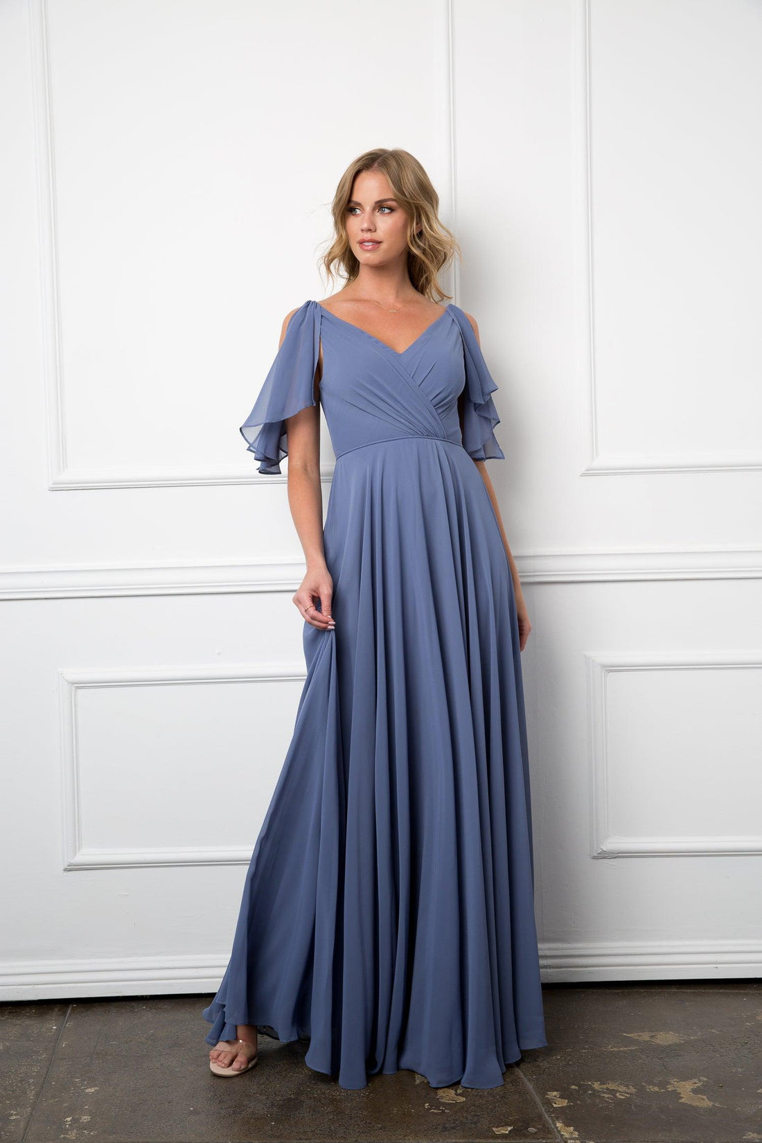 Slate Blue Long Formal Flutter Sleeves Bridesmaids Dress for $122.99
