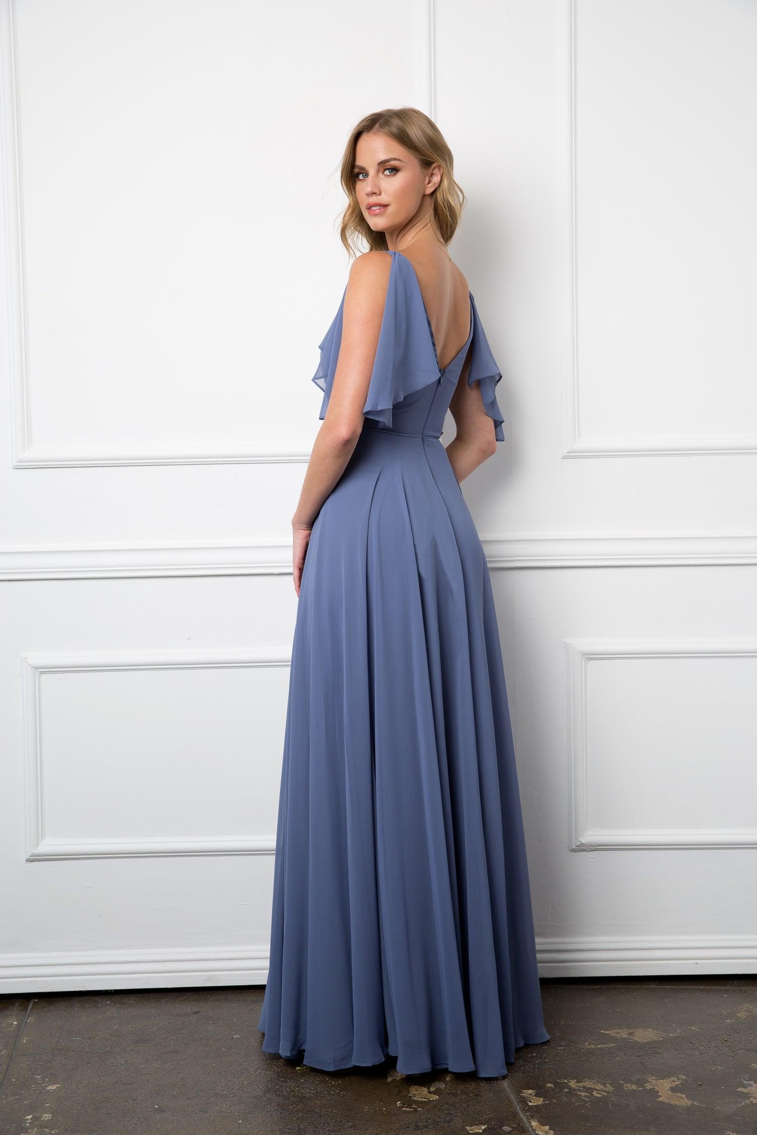 Slate Blue Long Formal Flutter Sleeves Bridesmaids Dress