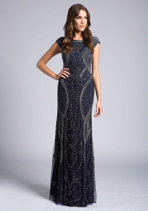 Formal Dresses Long Cap Sleeve Formal Dress Navy