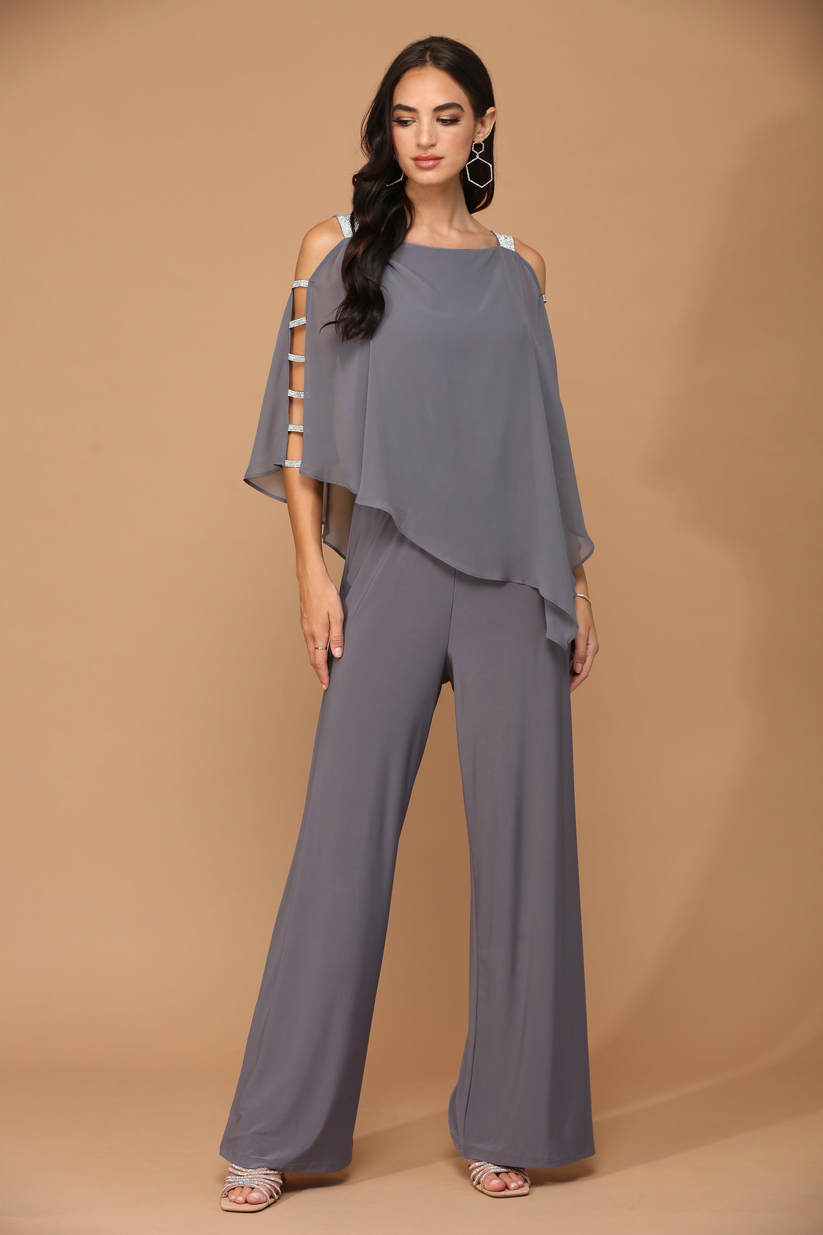 Charcoal Formal Chiffon Cape Overlay Jumpsuit Sale Formal Dresses