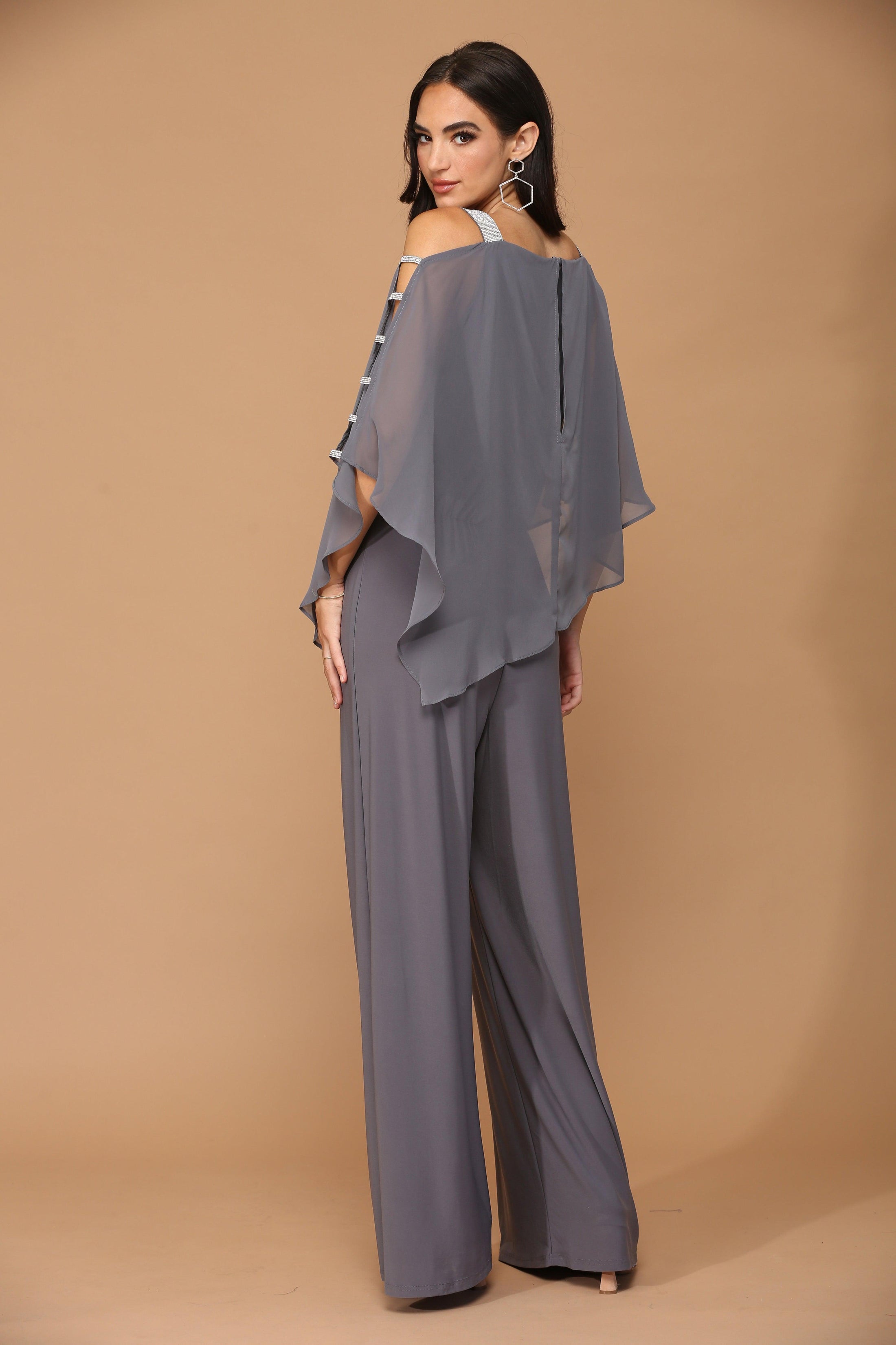 SLNY Attached Chiffon Cape Overlay Jersey Gown (Additional Colors)