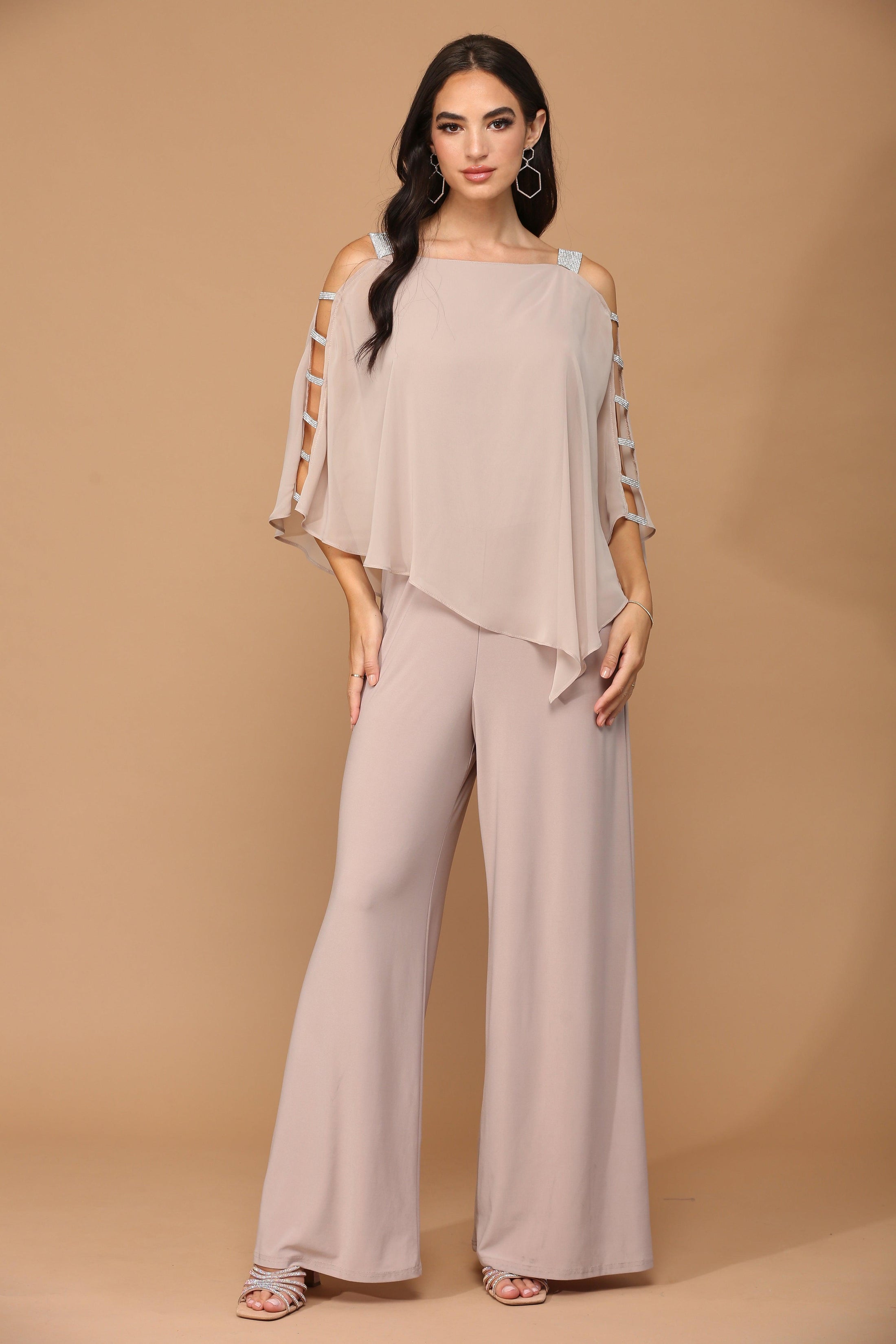 Ruffled Chiffon Cape-Back Jumpsuit