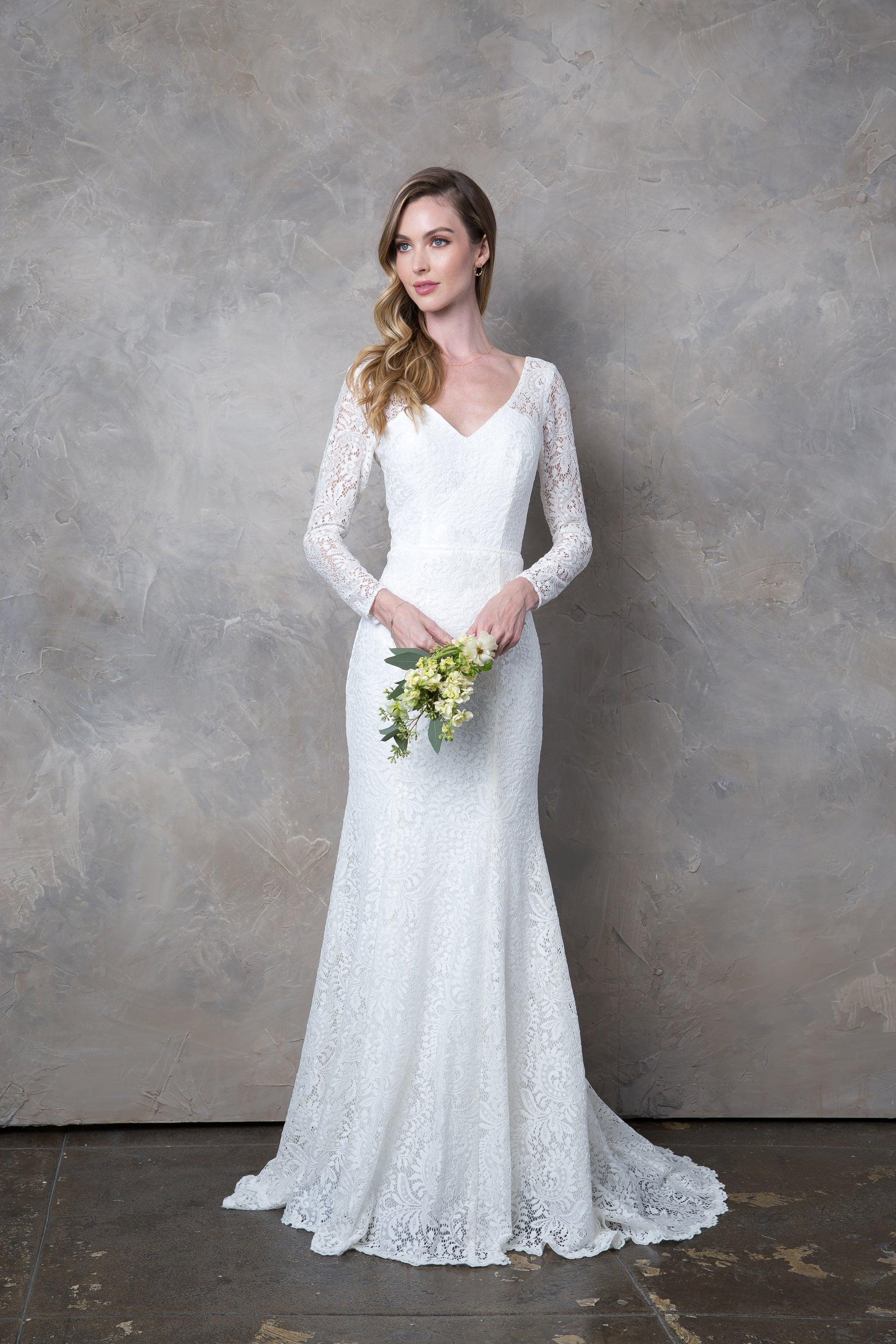 Simple Long Sleeve Lace Wedding Dress - White / 4XL Simple Long Sleeve Lace Wedding Dress - White / 4XL