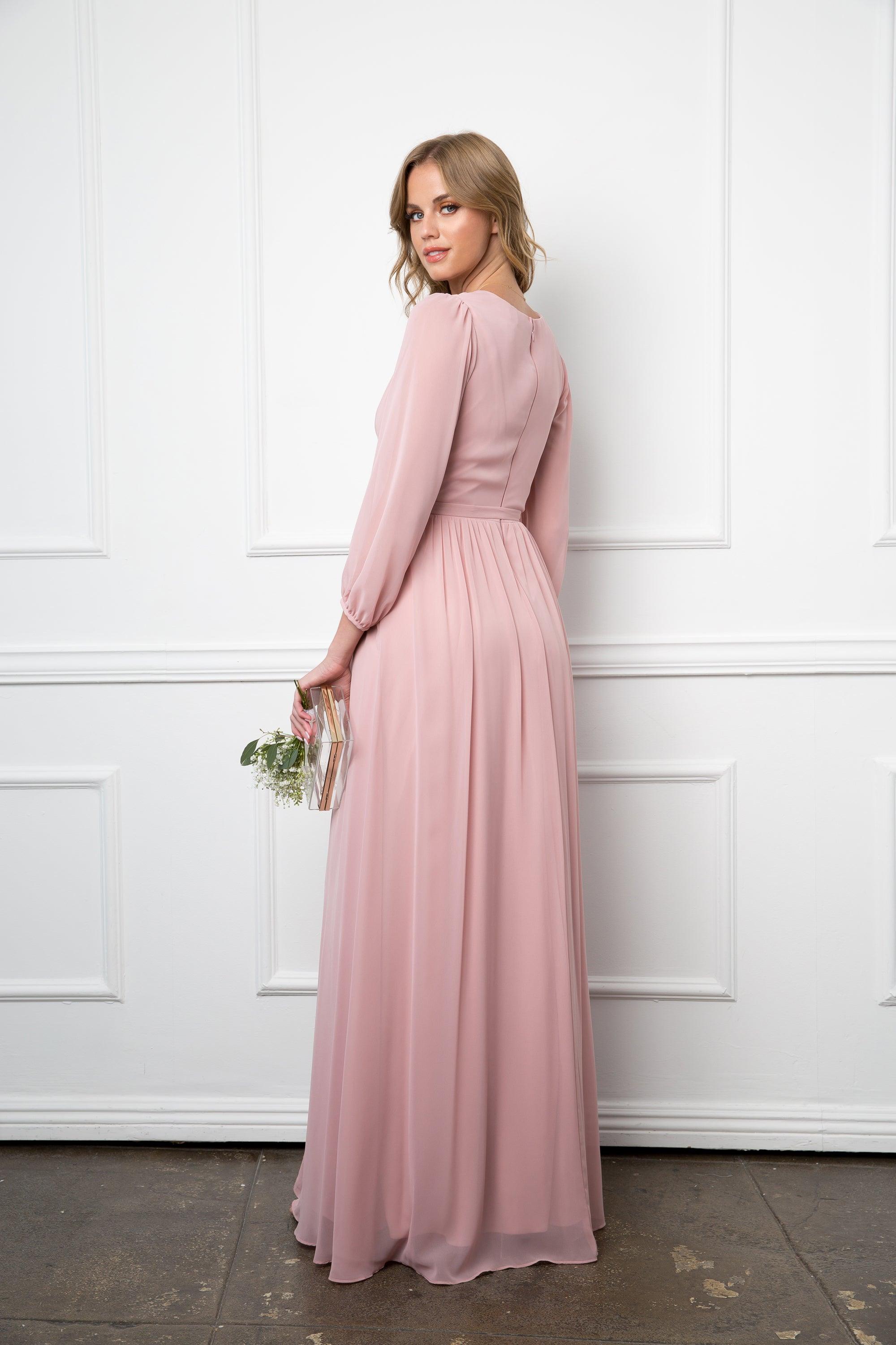 Long Sleeve Formal A Line Dress Dusty Rose