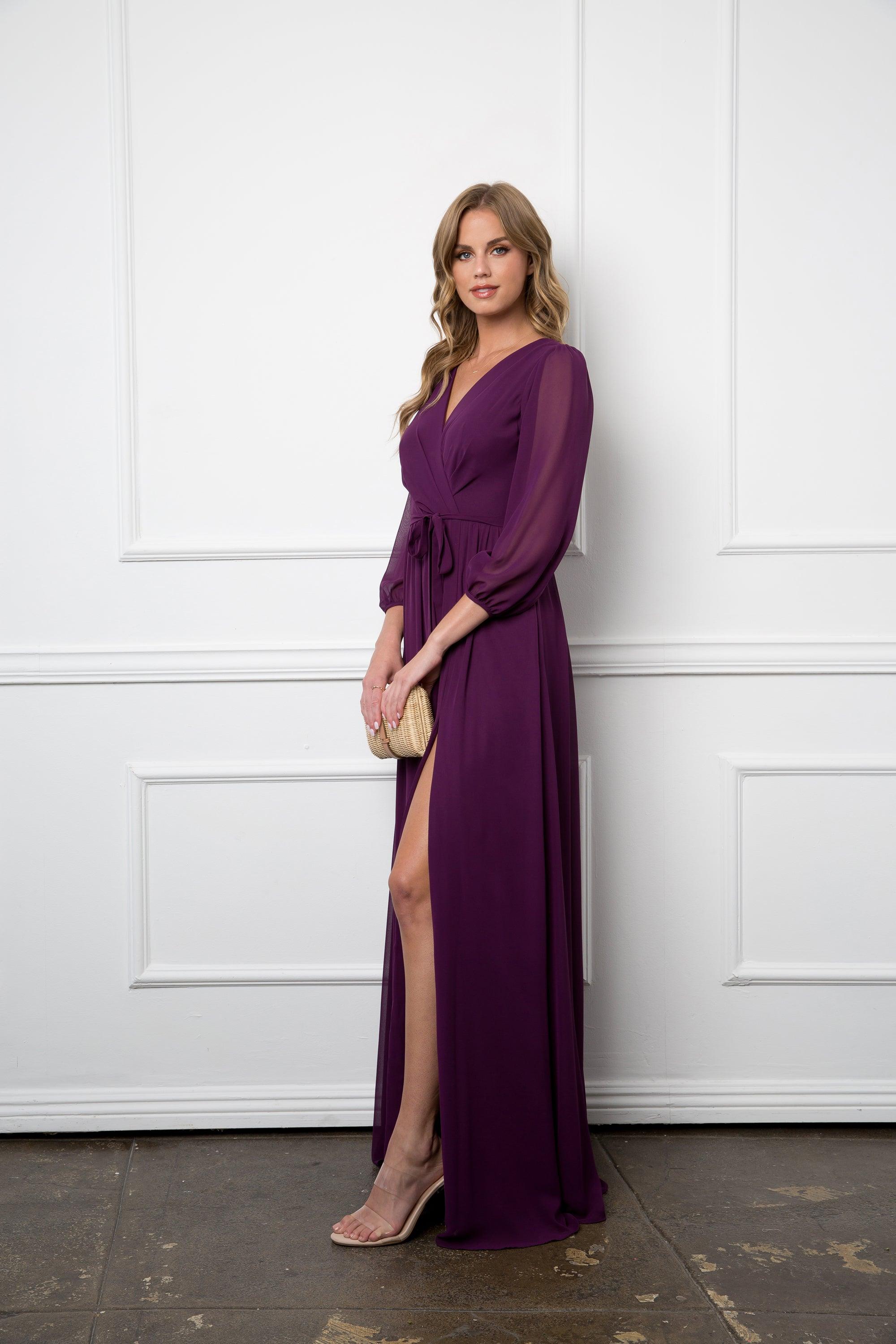 Long Sleeve Formal A Line Dress Plum