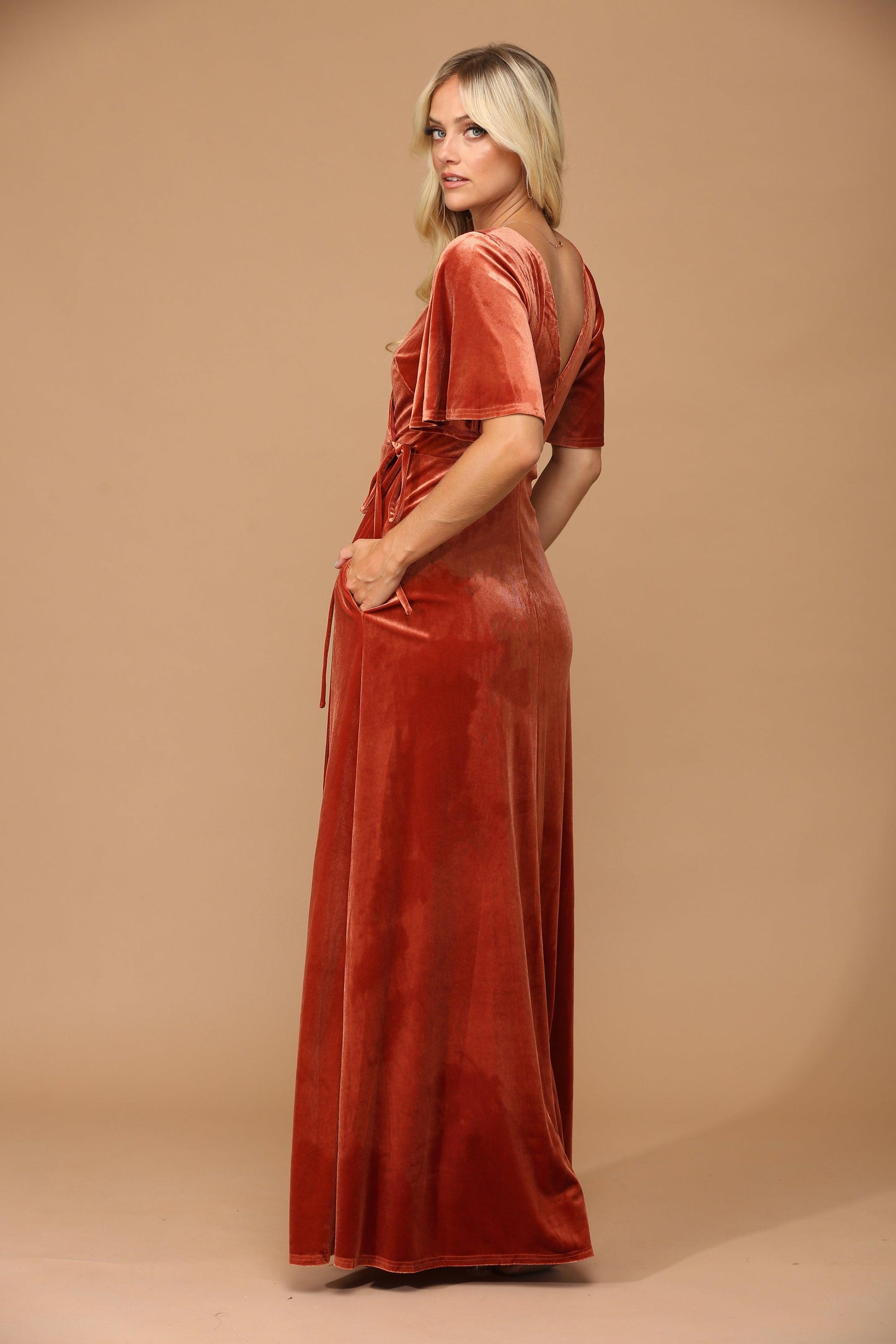 Mother of the Bride Long Flutter Sleeve Velvet Gown