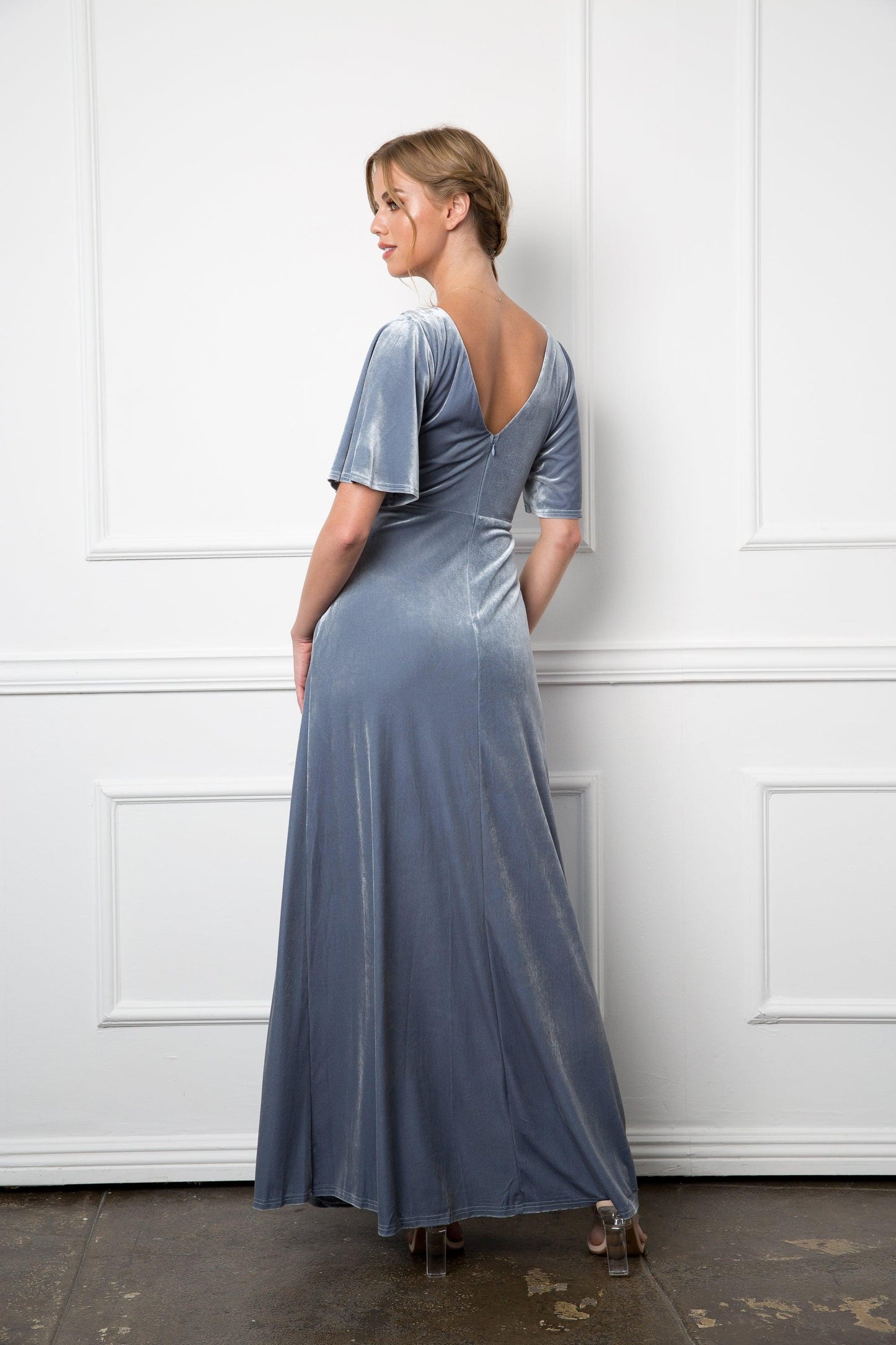 Mother of the Bride Long Flutter Sleeve Velvet Gown